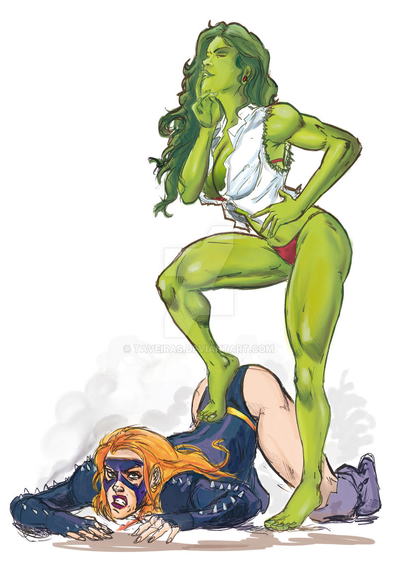 2girls ass ass_up avengers big_ass big_breasts breasts cleavage defeated defeated_villainess female female_only femdom femsub green_hair green_skin lezdom marvel muscular muscular_female red_hair she-hulk tagme_(artist) titania_(marvel) traditional_media_(artwork)
