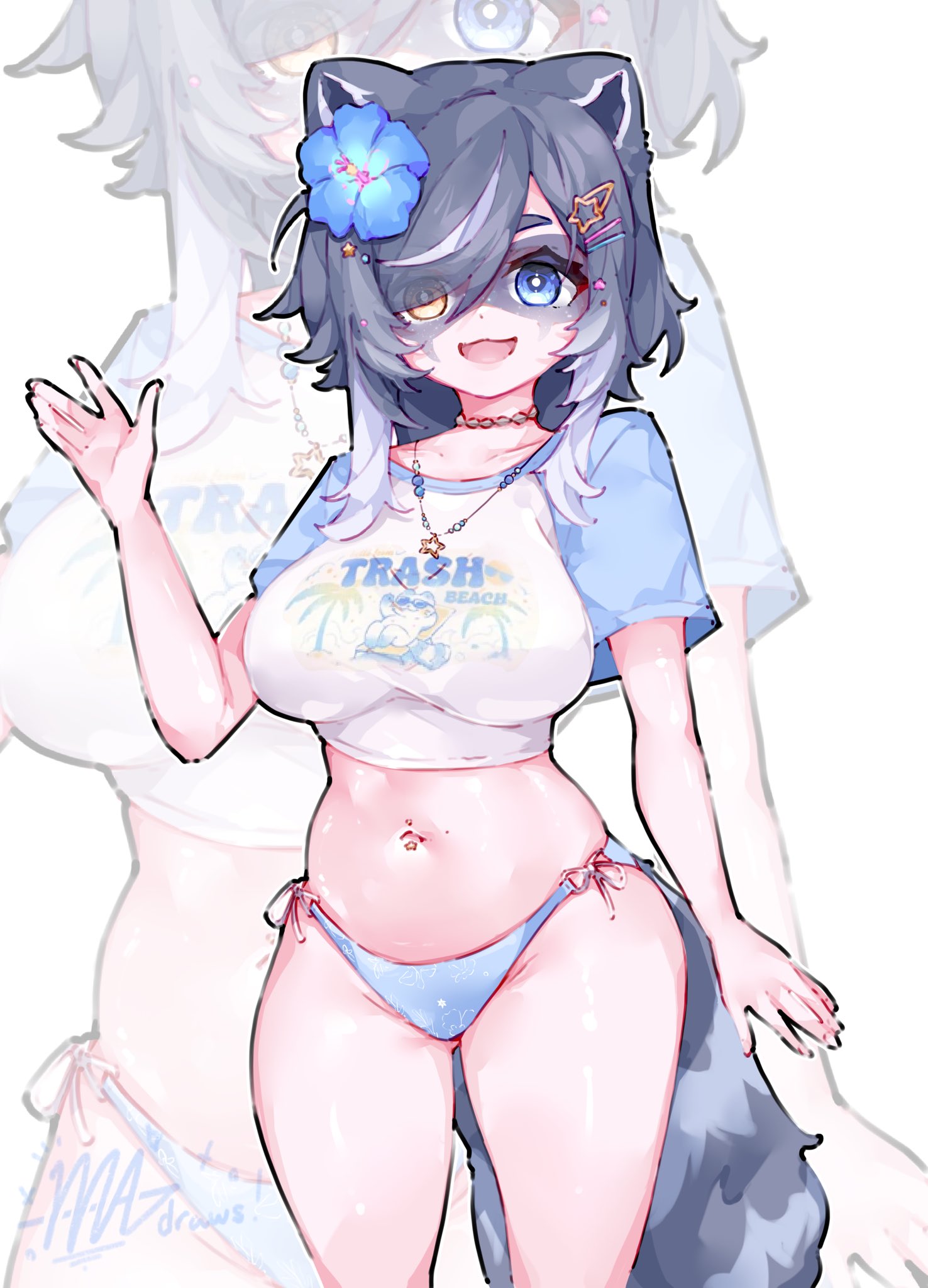 1girl, 1girls, 3am, animal ears, big breasts, bikini, blue bikini, blue eyes, blue flower, blue hair, blue shirt, blue tail, breasts, colored skin, cropped shirt, eye mask, female, flower, hair flower, hair ornament, heterochromia, hibiscus, highres, jewelry, large breasts, looking at viewer, ma draws, mask, navel, navel piercing, necklace, open mouth, piercing, pink skin, raccoon ears, raccoon girl, raccoon tail, shirt, short hair, snuffy, solo, star (symbol), star hair ornament, star necklace, swimsuit, tail, thighs, tits, two-tone shirt, virtual youtuber, vtuber, white background, white shirt, yellow eyes