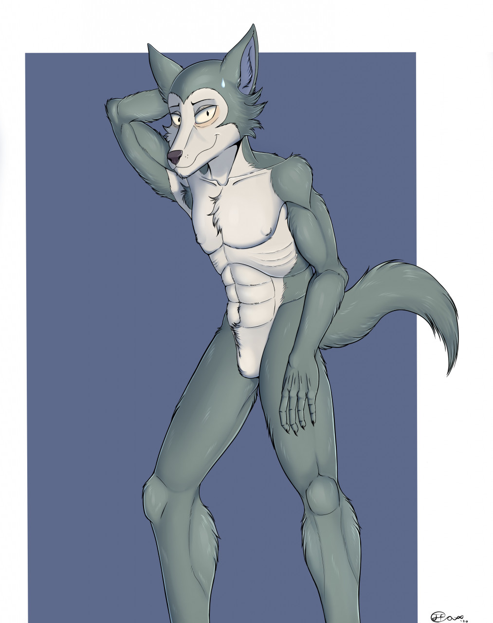 1boy anthro barbie_doll_anatomy beastars featureless_chest featureless_crotch jimfoxx ken_doll_anatomy legoshi_(beastars) looking_at_viewer male naked naked_male nervous nervous_face nude nude_male shy wolf