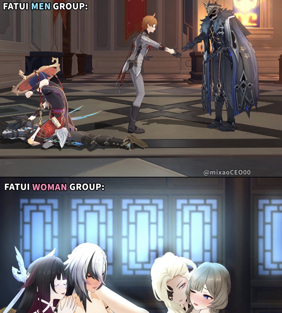 3d, 3d (artwork), 4girls, arlecchino (genshin impact), bangs, black and white hair, blonde hair, brown hair, childe (genshin impact), columbina (genshin impact), difference, dottore (genshin impact), female/female/female/female, foursome, genshin impact, hair between eyes, leg on shoulder, lesbian, lesbian sex, multiple characters, purple hair, sandrone (genshin impact), scaramouche (genshin impact), sex, signora (genshin impact), yuri