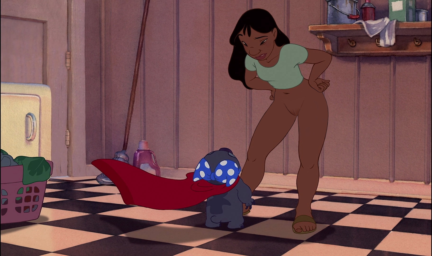 1girls, accurate art style, alien, bottomless, bra on head, breasts, cape, dark skin, dark-skinned female, disney, edit, female, hands on hips, laundry, lilo and stitch, looking down, nani pelekai, pussy, realistic breast size, sandals, screenshot, screenshot edit, stitch, washing machine