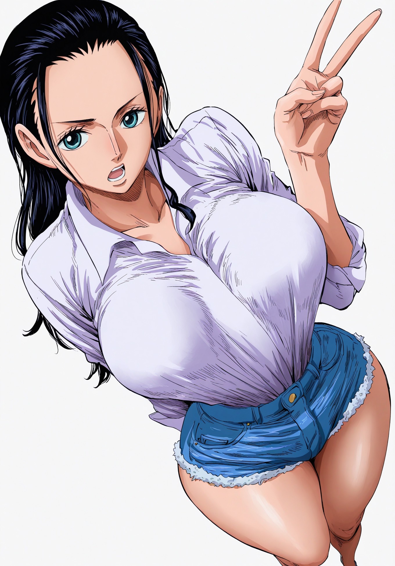 ai generated, big breasts, big legs, blue eyes, clothing, female, female only, looking at viewer, nico robin, one piece, open mouth, posing, provocative pose, v sign, wide hips, yashin