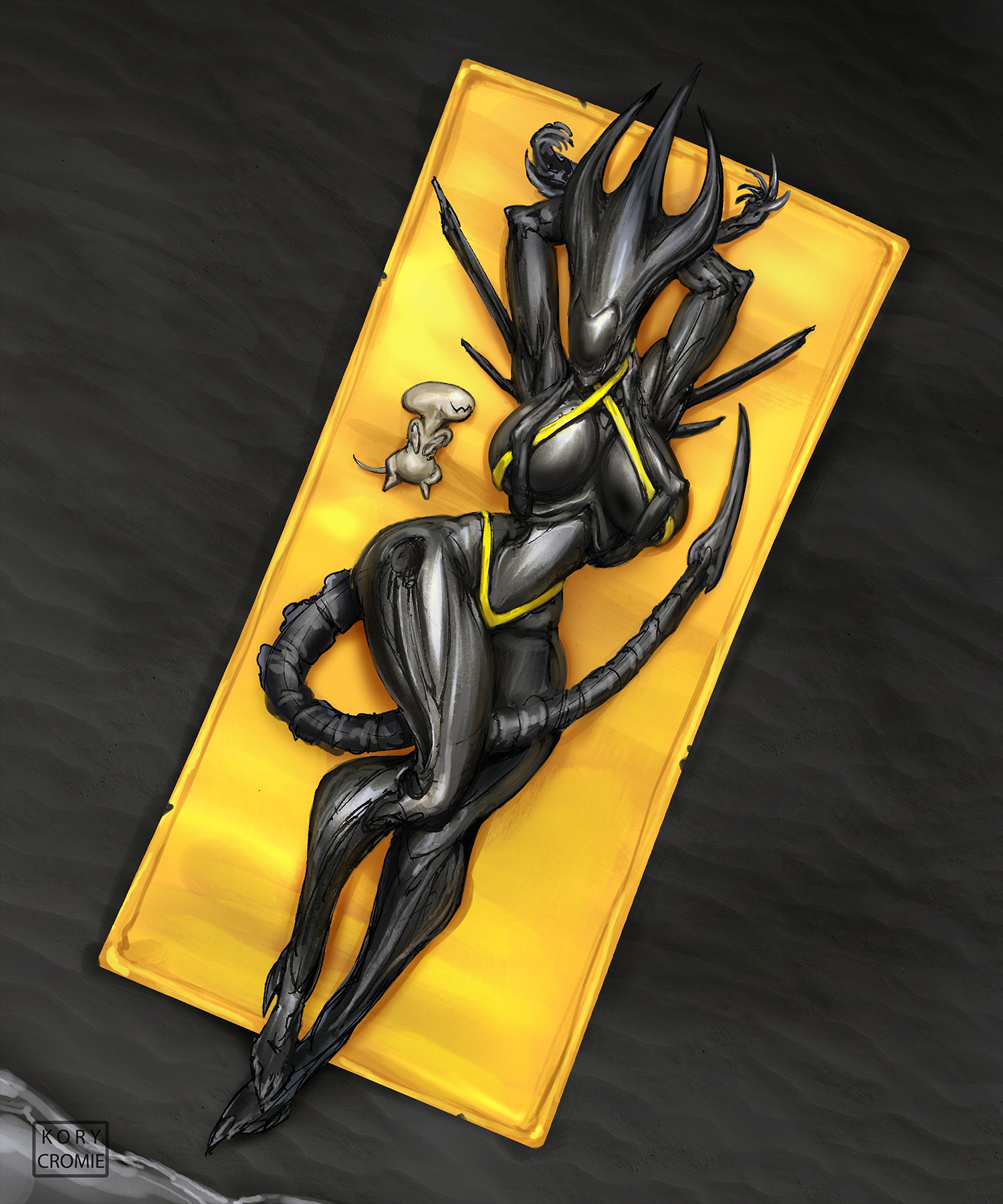 1girl, 1girls, 4 arms, alien, alien (franchise), alien girl, alien humanoid, beach, beach towel, bikini, black body, black carapace, child bearing hips, claws, femomorph, hourglass figure, kory cromie, large ass, large breasts, large thighs, laying on back, mother, mother and child, sand, shore, spikes, string bikini, thick ass, thick thighs, xenomorph, xenomorph queen, xenomorph tail