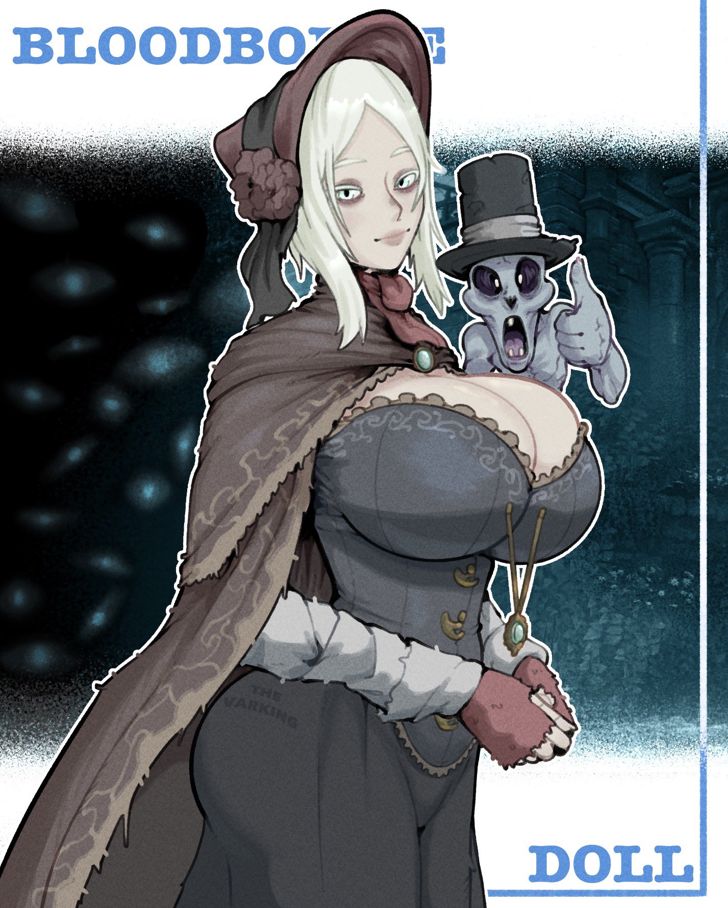 1girls, 2d, ass, big ass, big breasts, blonde hair, bloodborne, blue eyes, bonnet, breasts, cleavage, corset, doll, dress, elegant, female, female focus, fingerless gloves, fromsoftware, fully clothed, gloves, huge breasts, lolita fashion, looking at viewer, messenger (bloodborne), pale skin, pale-skinned female, plain doll, platinum blonde hair, shawl, smile, solo focus, the varking, victorian