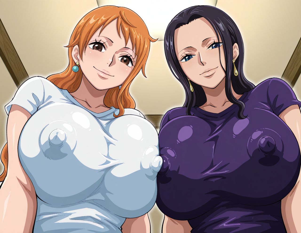 2girls, ai generated, big boobs, big breasts, black hair, blue eyes, brown eyes, curvy, curvy body, curvy female, curvy figure, female, female only, huge breasts, kyoru189, large breasts, light skin, light-skinned female, looking at viewer, looking down, looking down at viewer, mature female, milf, nami (one piece), nico robin, nipple bulge, nipples, nipples visible through clothing, one piece, orange hair, seductive, seductive eyes, seductive look, seductive smile, shiny, shiny skin, solo, solo female, t-shirt
