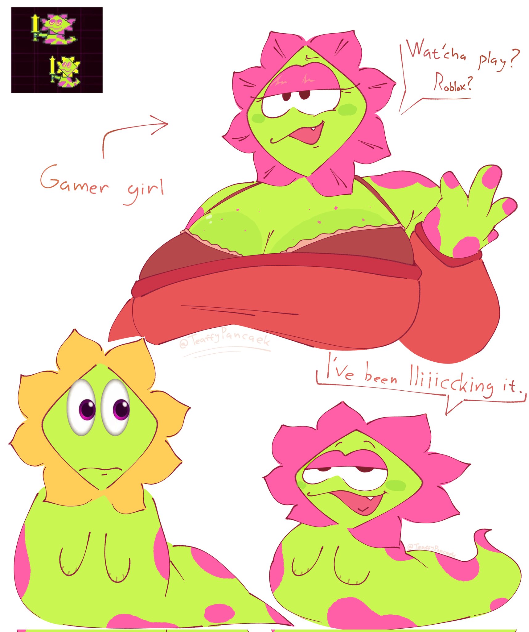 1boy, 1girls, big breasts, black eyes, breasts, character reference, clothed, clothed female, clothing, color, deltarune, deltarune chapter 5, dialogue, dots, english text, eyelashes, eyes emoji, female, female focus, floradinn, freckles, freckles on breasts, fully clothed, gamer girl, green skin, half-closed eyes, observing, open eyes, open mouth, open smile, simple background, smile, smug, text, twitter link, white background