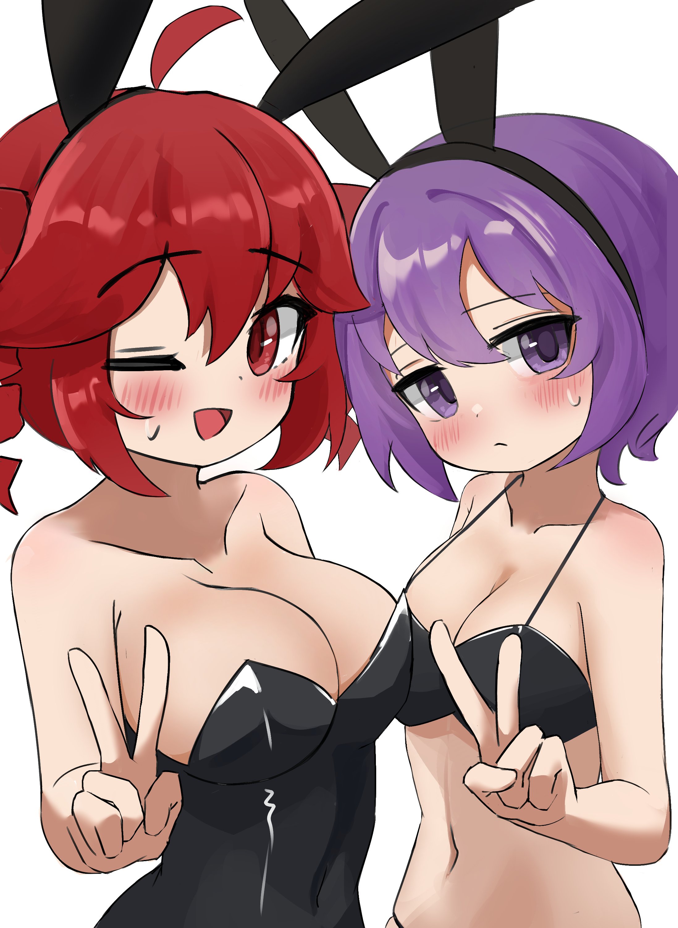 0w0 (artist), 2girls, ahoge, bare shoulders, bikini, black bikini, black hairband, black leotard, blush, bunny ears, bunnysuit, cleavage, closed mouth, collarbone, drill hair, expressionless, fake animal ears, female, female only, hairband, jitome, kasane teto, kasane teto (utau), large breasts, leotard, navel, one eye closed, open mouth, playboy bunny, purple eyes, purple hair, rabbit ears, red eyes, red hair, shiny clothes, short hair, simple background, small breasts, strapless leotard, sweat, synthesizer v, twin drills, utane uta, utau, v, white background