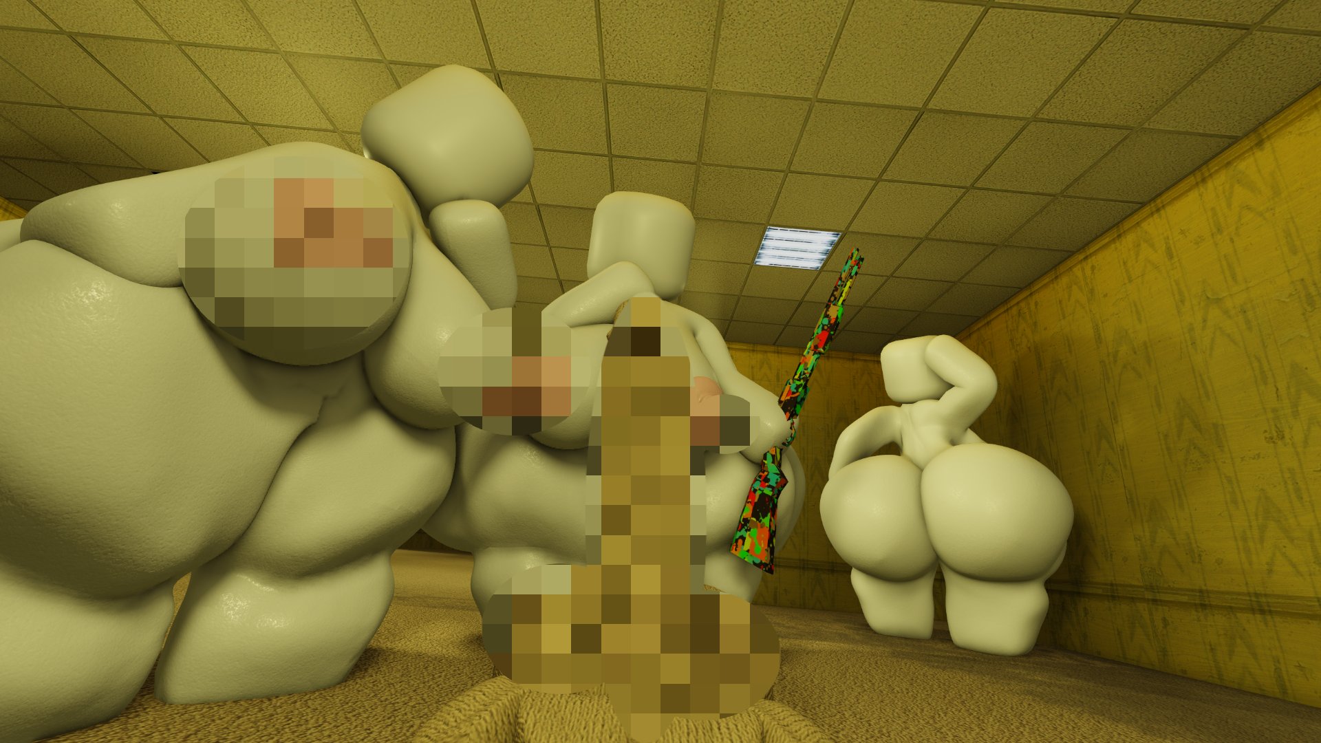 3d, antochan, areola, areolae, backrooms, big ass, big breasts, censored, censored nipples, censored penis, faceless, faceless male, gun, hide and seek, massive ass, massive breasts, meccha chameleon, preview, roblox, robloxian, shotgun, size difference, straight