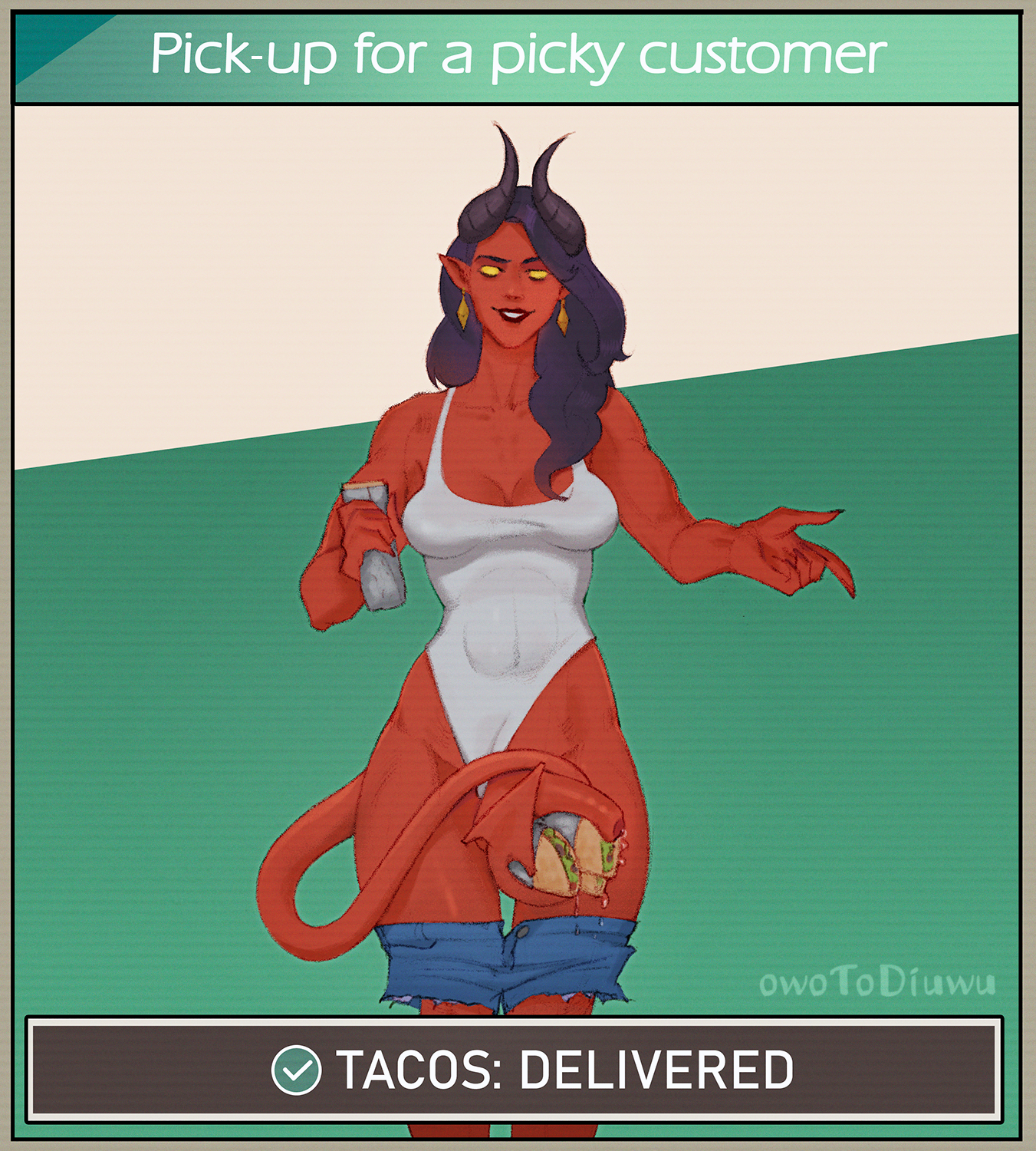 1dickgirl, 1futa, abs, abs visible through clothing, alien, balls, black hair, bodysuit, bodysuit aside, cock, covered breasts, demon, demon futa, demon horns, dick, dickgirl, dickgirl only, dispatch (game), earrings, english text, food, food play, foreskin, futa, futa only, futanari, gameplay mechanics, holding food, horns, inviting, inviting viewer, long hair, looking at viewer, malevola gibb, muscular, muscular futa, non-human, owotodiuwu, pants down, penis, penis on food, pointing at viewer, precum, red body, red skin, shorts down, smiling, solo futa, taco, tail, tail around penis, tail fetish, tail play, tall, tall futa, text, yellow eyes