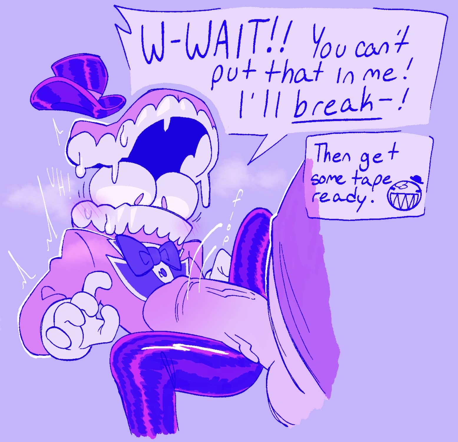 big penis, blush, bubble (the amazing digital circus), caine (the amazing digital circus), clothed, dialogue, diference size, male/male, nervous, penis out, the amazing digital circus