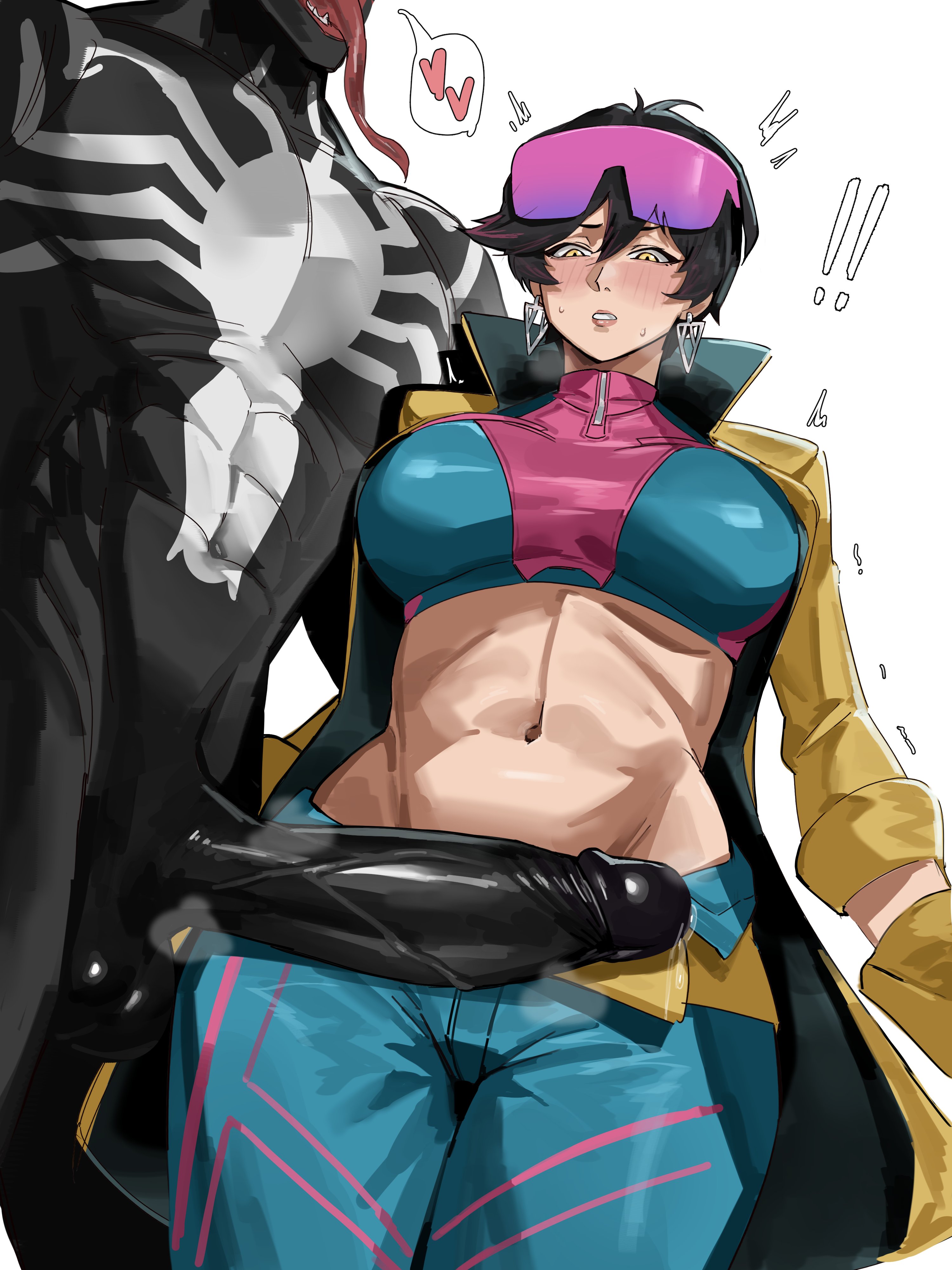 !!, 1boy, 1girls, 2d, big penis, clothed, clothed female, female, huge cock, imminent sex, jubilation lee, jubilee, jubilee (marvel rivals), kartistry, marvel, marvel rivals, midriff, naked, naked male, nude male, penis, straight, venom (marvel rivals), venom (marvel), x-men