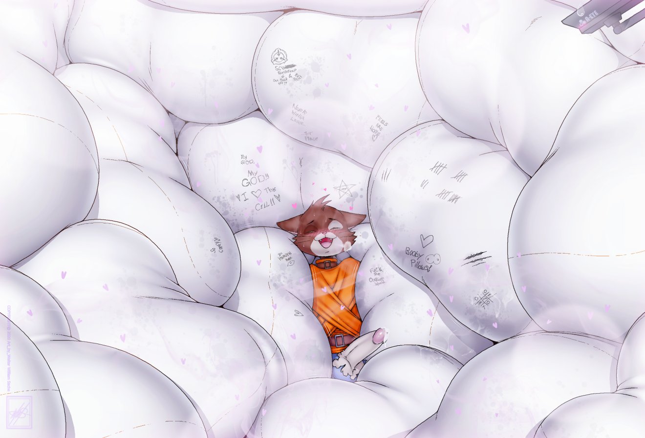 1boy, big penis, cat ears, cum, feline, fur, furry, looking pleasured, male, penis, pillow, pillows, scp foundation, solo, straitjacket, walter sache