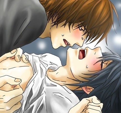 artist_request blush death_note l_lawliet light_yagami moan sweat yaoi