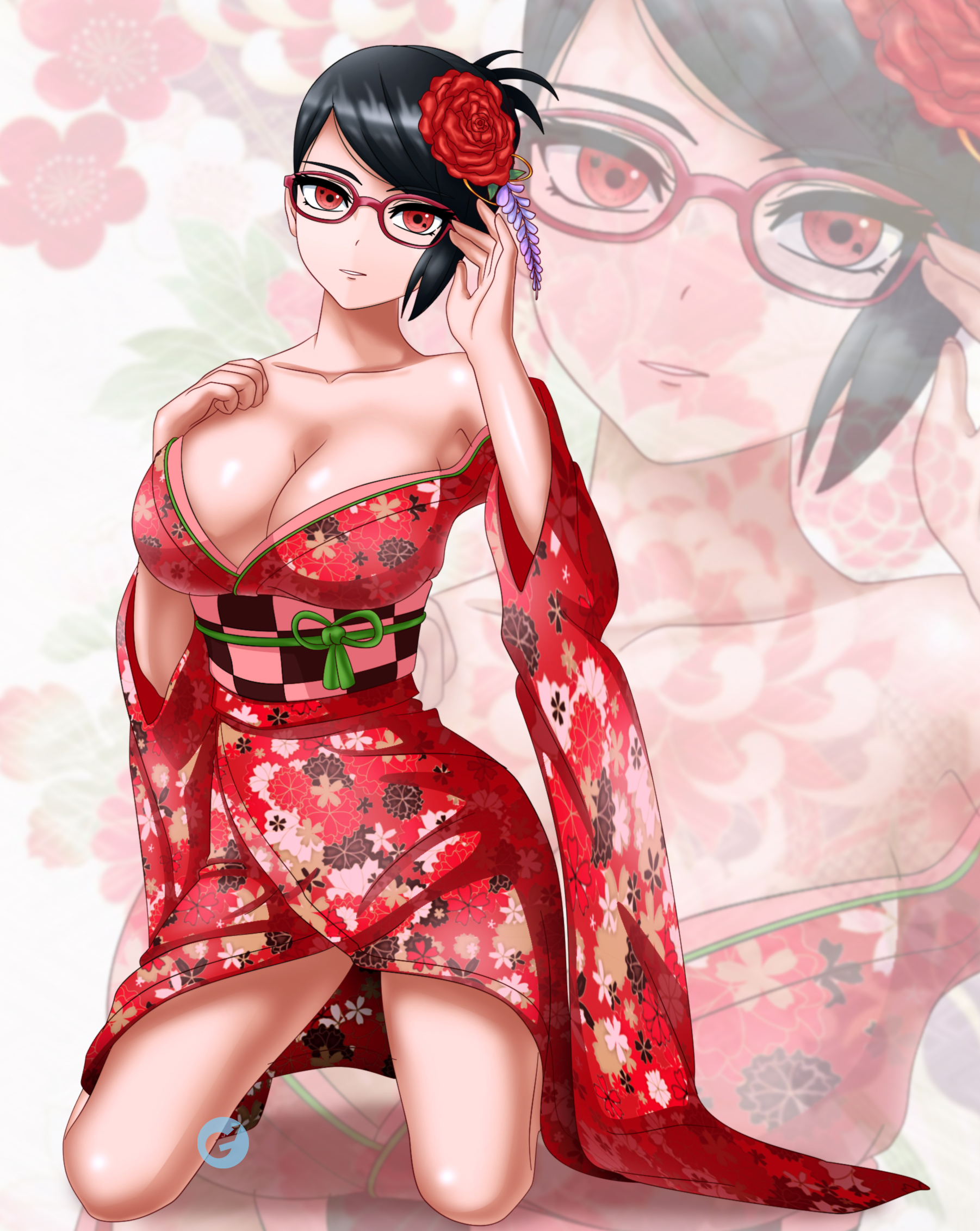 1girls, adjusting glasses, bare shoulders, big breasts, black hair, boruto: naruto next generations, breasts, cleavage, eyewear, female, female only, flower, ganerz, glasses, hair ornament, kimono, kneeling, looking at viewer, naruto, naruto (series), red hair, reflection, sarada uchiha, sharingan, smile, tied up, zoom layer