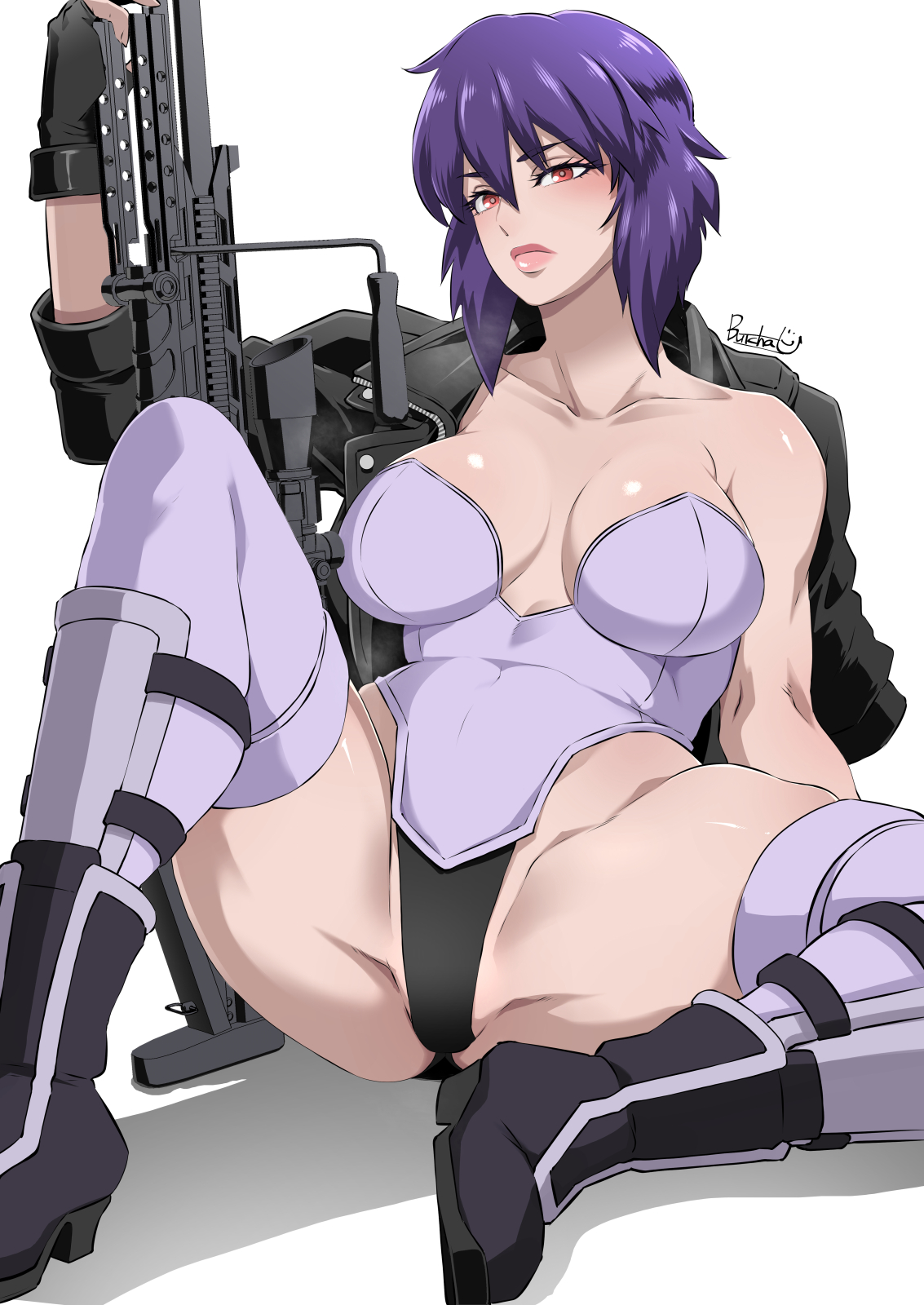 2026, artist name, butcha-u, clothed, clothing, eroquis, female, female only, ghost in the shell, ghost in the shell stand alone complex, gun, kusanagi motoko, purple hair, questionable, suggestive, tagme
