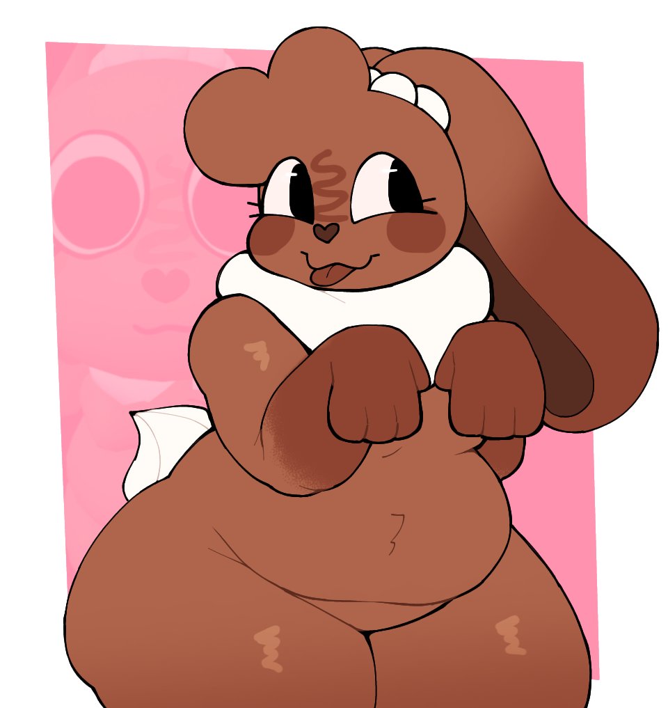 :3p, bunny ears, bunny girl, chocolate bunny, chubby, chubby anthro, chubby female, cocoa (dandy's world), dandy's world, furry, hands down, happy, happy expression, happy expressive face, tounge out