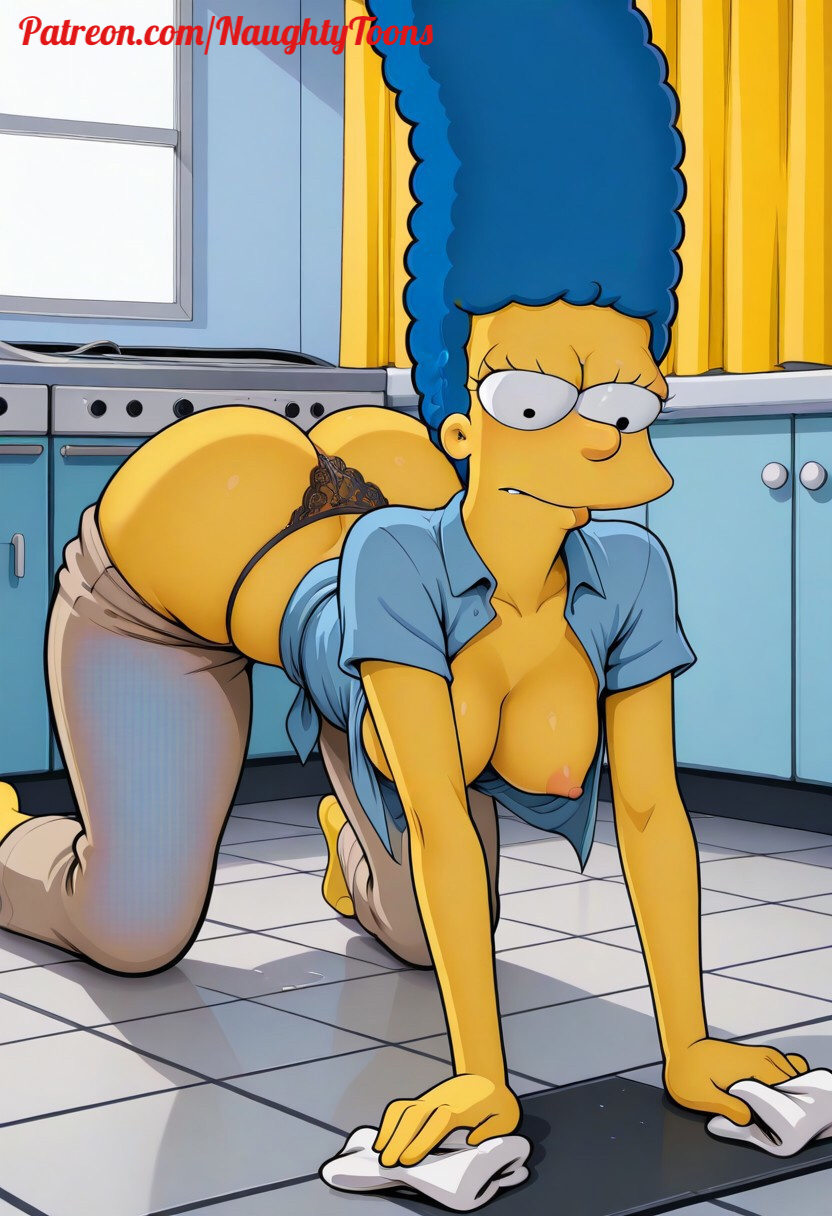 ai generated, big ass, big breasts, bigass, cleaning, cleavage, marge simpson, on knees, panties, seductive, sexy pose, thesimpsons, thong