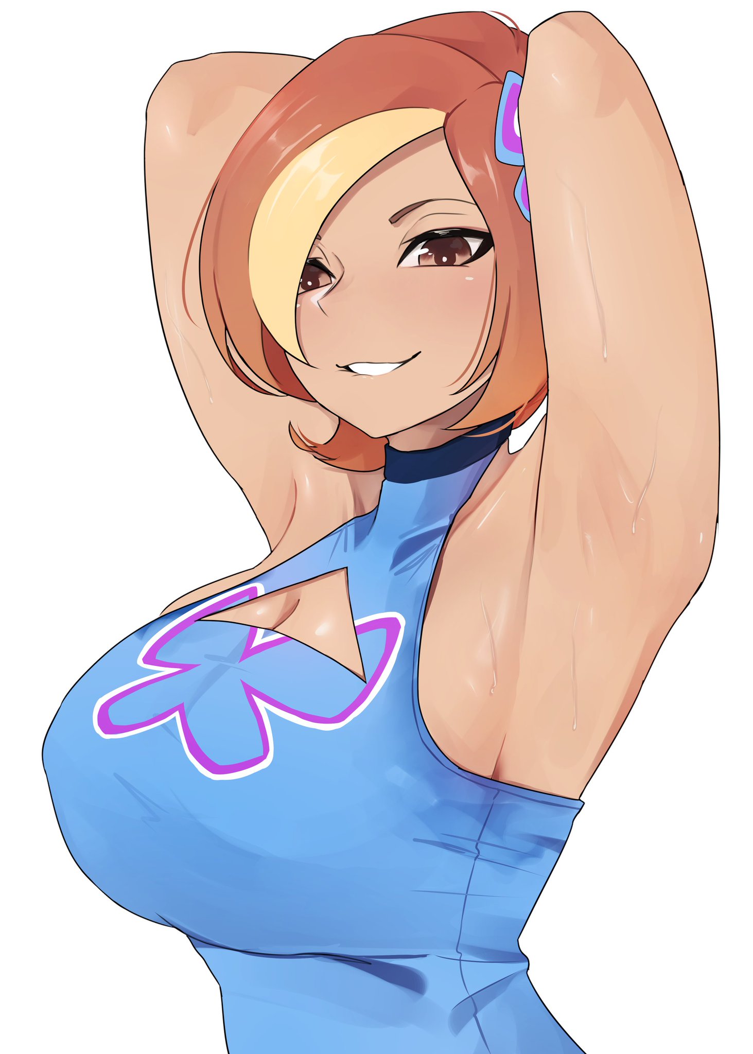 1female, 1girl, 1girls, 1human, 2d, 2d (artwork), 2d art, 2d artwork, armpit, armpit crease, armpit fetish, armpit focus, armpits, armpits fetish, arms, arms up, average breasts, biting lip, biting own lip, blue shirt, blue topwear, bluesky link, breasts, brown eyebrows, brown eyes, butterfly (planetronika), butterfly hair ornament, butterfly hairclip, chest, cleavage, cleavage cutout, cleavage window, clothed, clothed female, clothed human, clothing, color, colored, digital, digital art, digital drawing, digital drawing (artwork), digital media, digital media (artwork), eyebrows, eyes, face, female, female focus, female human, female only, female solo, ginger female, ginger hair, girl, girl focus, girl only, girl solo, hair, hair clip, hair ornament, hairclip, head, hi res, hiddennickx, high quality, high resolution, highres, human, human female, human focus, human girl, human only, lip biting, lipbite, lips, looking at viewer, medium breasts, mouth, mouth open, neck, no nude, no nudity, no watermark, open mouth, orange hair, planetronika, presenting armpit, red head, shirt, short hair, shoulder length hair, shoulders, simple background, skinny, skinny female, skinny girl, skinny human, skinny waist, smile, smiling, smiling at viewer, smirk, smirking, smirking at viewer, smooth armpits, smooth skin, solid color background, solo, solo female, solo focus, solo girl, solo only, sweat, sweatdrop, sweating, sweaty, sweaty armpits, sweaty body, tanned, tanned body, tanned female, tanned girl, tanned skin, tanned-skinned female, teeth, teeth showing, teeth visible, topwear, twitter link, twitter source, upper body, upper body focus, upper body only, white background, white teeth, yellow hair streak, yellow streak
