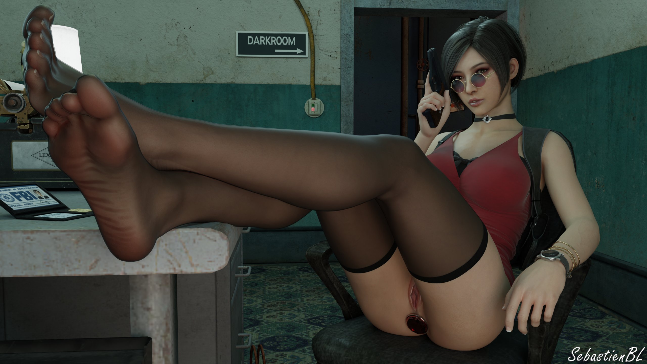16:9, 1girls, 3d, ada wong, ada wong (adriana), anal, anal insertion, anal object insertion, anal plug, artist name, asian, asian female, black hair, bottomless, bottomless female, capcom, choker, dress, feet, feet on table, female, female only, foot focus, functionally nude female, genitals, gun, hi res, highres, holding weapon, indoors, legs on desk, legs together, looking over eyewear, looking over sunglasses, plug (sex toy), plug insertion, pussy, red dress, resident evil, resident evil 2, resident evil 2 remake, round sunglasses, sebastien 3d, soles, solo, solo female, solo focus, source request, sunglasses, thighhighs, tinted eyewear, trigger discipline, vagina, weapon