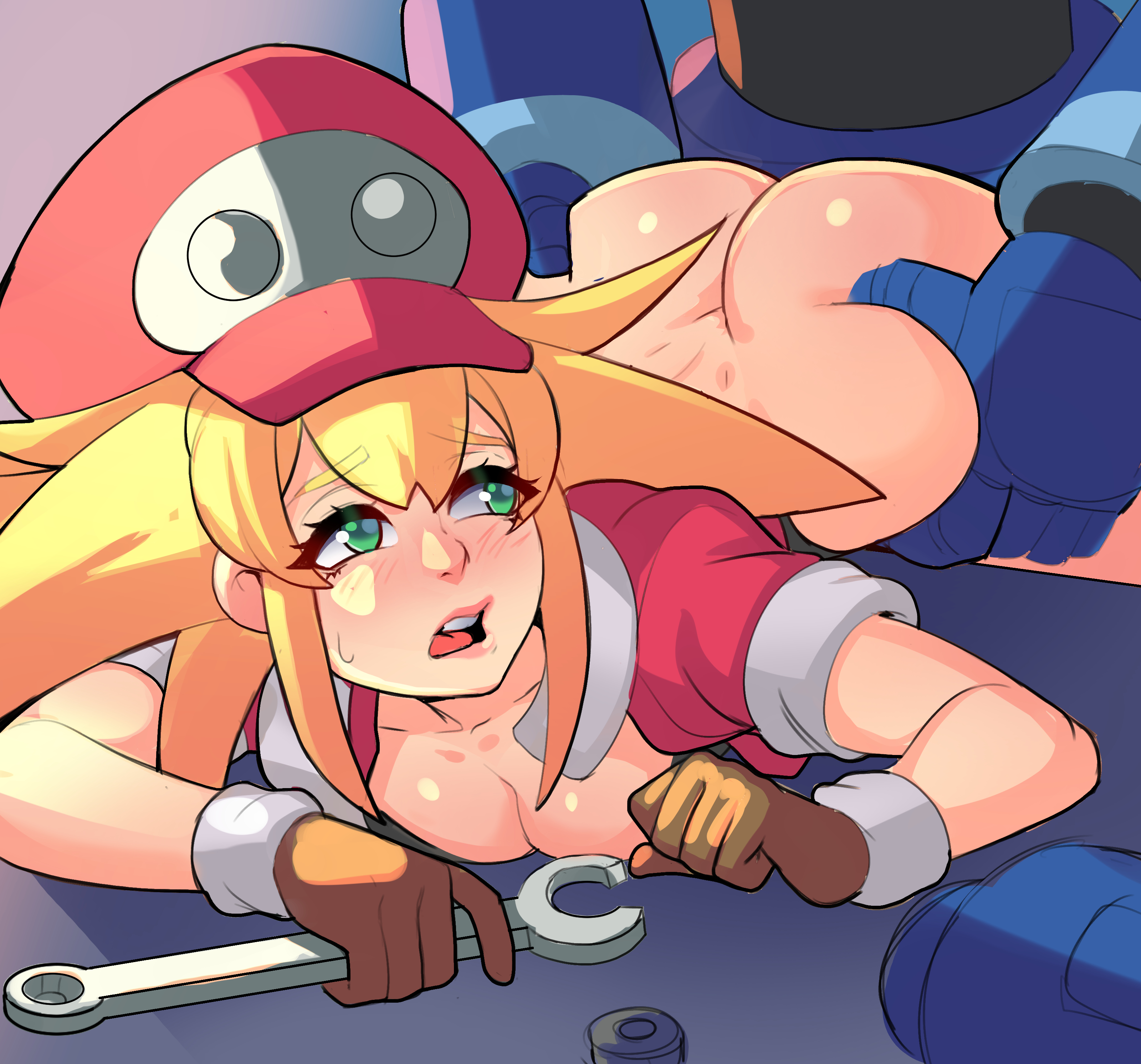 1boy, 1girls, ambiguous penetration, ass, ass grab, big ass, blonde hair, blush, bottomless, faceless male, female, female penetrated, from behind, gloves, grabbing, grabbing from behind, green eyes, greenmarine, light skin, light-skinned female, male, medium hair, mega man, mega man legends, mega man volnutt, pale skin, pale-skinned female, roll caskett, thick ass