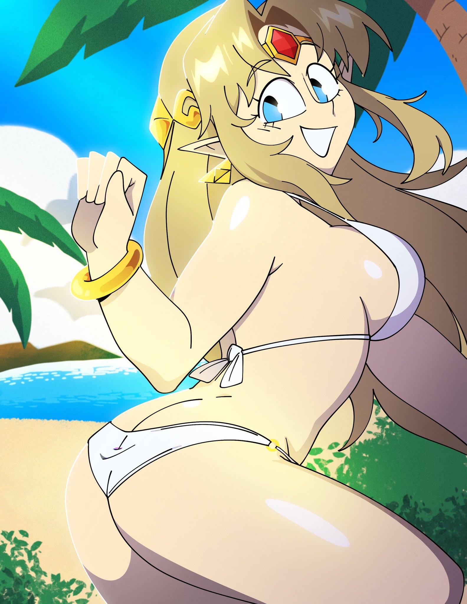 1girls, ass, ass focus, beach, beach background, bikini, blonde hair, blue eyes, breasts, female, female focus, female only, long hair, looking at viewer, looking back, panties, parted bangs, pointy ears, princess zelda, quintzee, quintzy xd, ring, sideboob, smile, solo, solo female, swimsuit, teeth, teeth showing, the legend of zelda, white bikini, white swimsuit, yellow hair, zelda (a link between worlds), zelda (a link to the past)