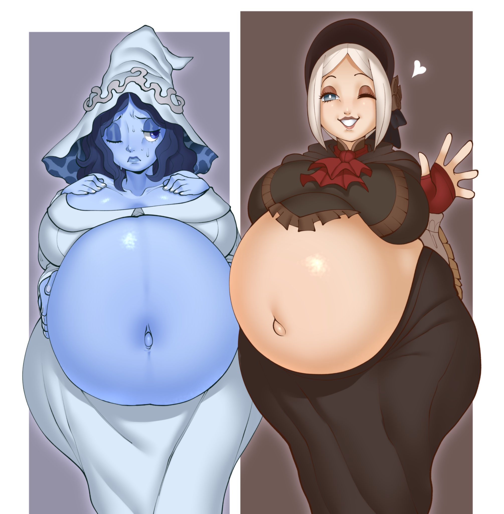 2girls, 4 arms, big breasts, blonde hair, bloodborne, blue body, blue eyes, blue hair, blue skin, bonnet, crossover, doll, elden ring, female, female only, fromsoftware, fully clothed, hellbrain, huge belly, huge breasts, hyper, hyper belly, hyper pregnancy, lolita fashion, looking at viewer, multi arm, multiple pregnancies, one eye closed, outie navel, pale skin, pale-skinned female, plain doll, platinum blonde hair, pregnant, ranni the witch, ready to pop, smile, sweat, waving, wide hips, wink, witch, witch hat