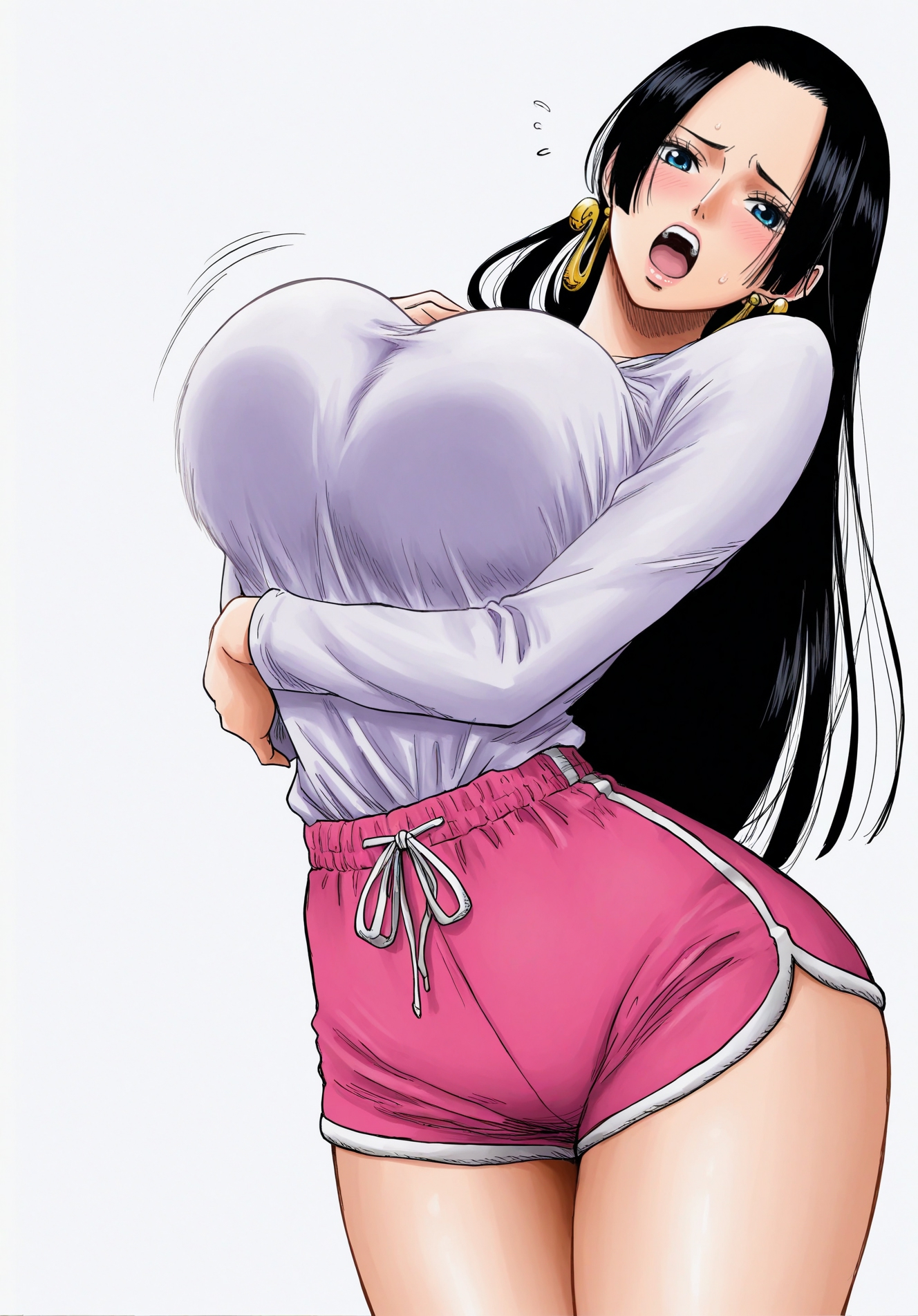 ai generated, beautiful girl, big breasts, big legs, black hair, boa hancock, clothing, female, female only, looking at viewer, nervous, one piece, open mouth, provocative clothing, provocative pose, shorts, without clothes, yashin