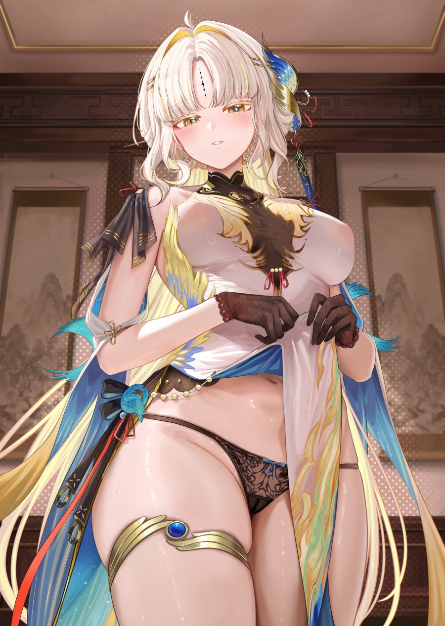 1girls big_breasts black_panties black_underwear blonde blonde-haired_female blonde_female blonde_hair breasts brown_eyes chinese_clothes chinese_dress dress dress_lift dress_lifted_by_self female large_breasts long_hair nipples nipples_visible_through_clothing panties ru_zhai ruzhai suisui_(wuthering_waves) underwear white_dress wuthering_waves