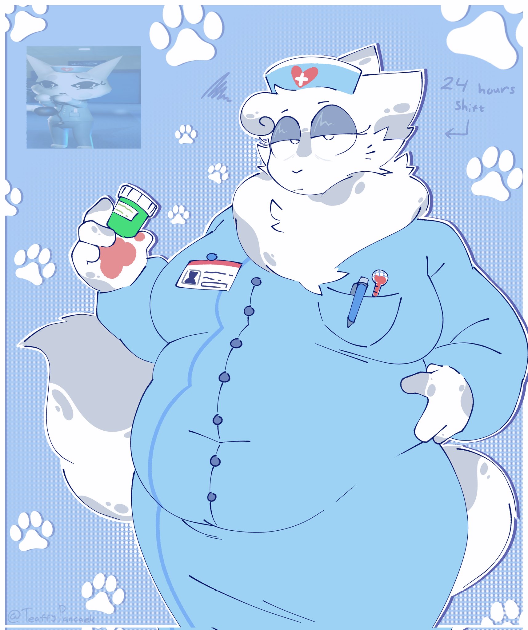 1girls, animal hospital, artist request, blue background, cat, cat ears, cat humanoid, chubby, chubby female, eyelids, fluffy, fluffy tail, head nurse (animal hospital), holding pill bottle, neck fluff, nurse clothing, nurse hat, nurse outfit, nurse uniform, pawpad, paws, reference image, roblox, roblox game, spots (marking), text