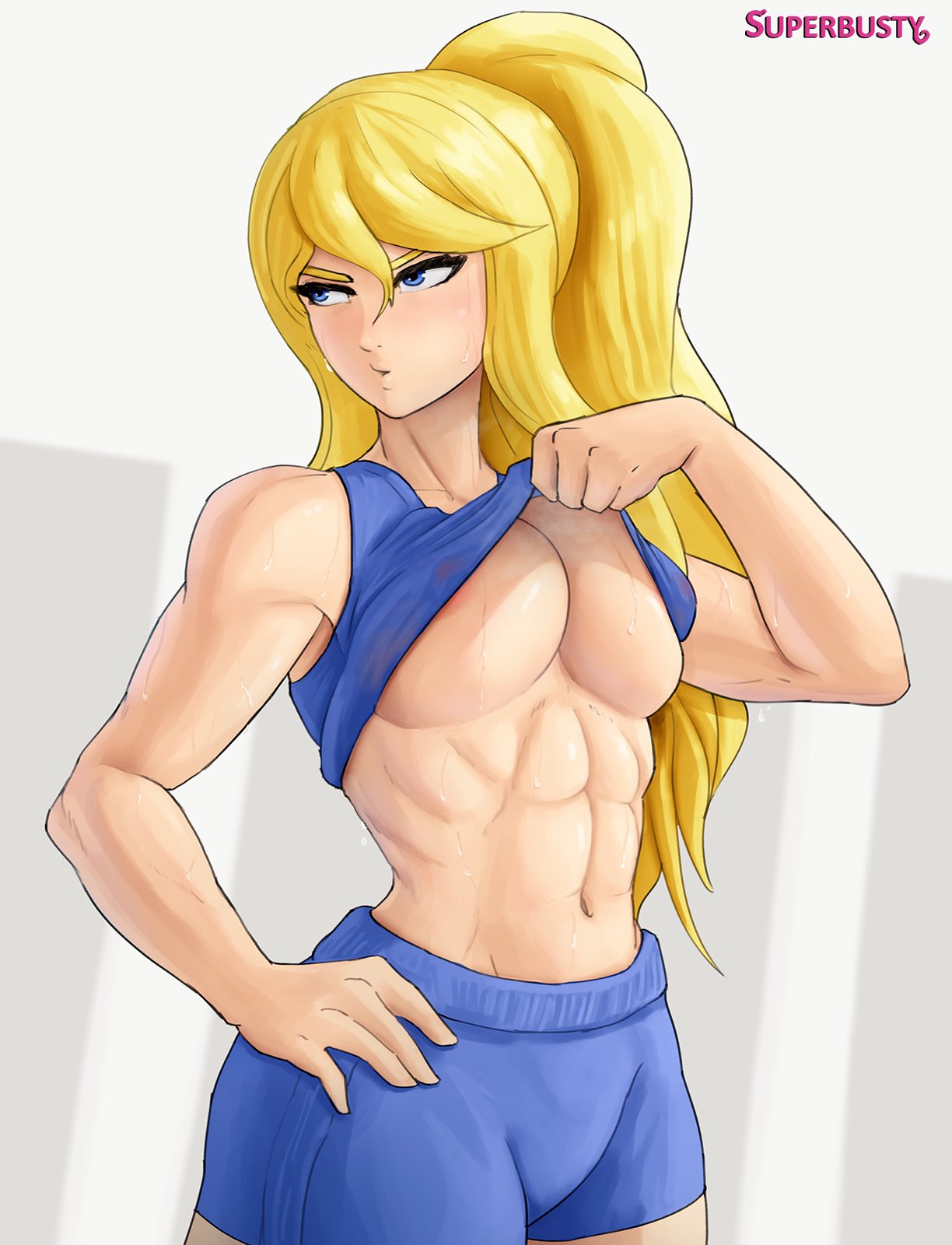 1girls, abs, areola slip, areolae, areolae slip, artist name, big breasts, blonde hair, blue eyes, breasts, casual outfit (metroid), female, female only, female protagonist, hourglass figure, human, large breasts, long hair, long ponytail, metroid, midriff, muscles, muscular, muscular female, nintendo, ponytail, samus aran, shirt lift, shirt up, solo, solo female, superbusty, sweat, sweaty, underboob, workout