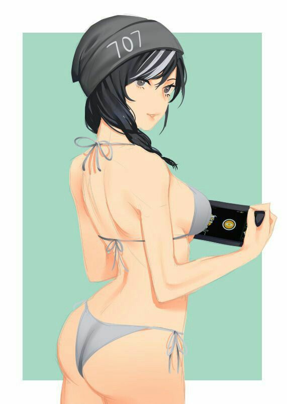 1girls, abs, artist request, asian, ass, beanie, bikini, biting lip, black hair, braid, braided hair, braided twintails, breasts, dokkaebi (rainbow six), eyeshadow, female, female only, fringe, grey eyes, hat, korean, looking at viewer, looking back, medium breasts, no artist, no source, pale skin, petite, rainbow six, rainbow six siege, seductive eyes, seductive look, seductive smile, silver eyes, slim, smile, solo, thong, tom clancy, twintails, two-tone hair, video games