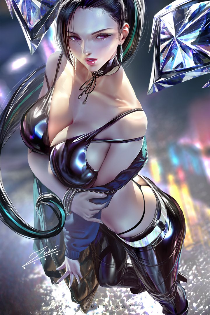 1girls, alternate costume, big breasts, breasts, cleavage, female, female only, k/da all out kai'sa, k/da all out series, kai'sa, large breasts, latex, latex bra, league of legends, solo, zumi