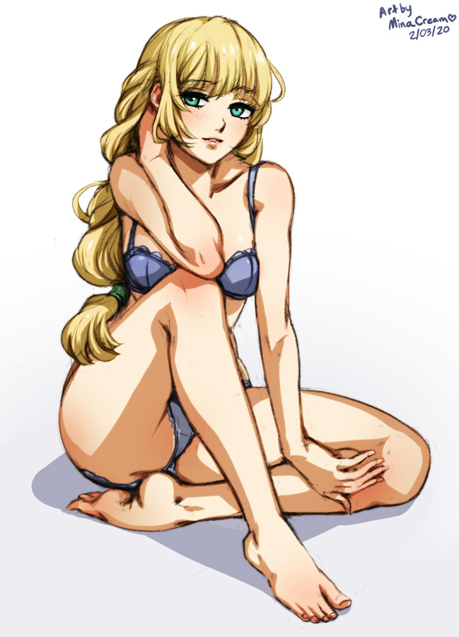 1girls, 2020, artist name, bangs, barefoot, blonde hair, blue lingerie, blue panties, bra, braid, breasts, commentary, dated, female, female only, fire emblem, fire emblem: three houses, full body, green eyes, heart, ingrid brandl galatea, lingerie, long hair, looking at viewer, minacream, nintendo, panties, shadow, simple background, sitting, small breasts, smile, solo, thighs, underwear, watermark, white background