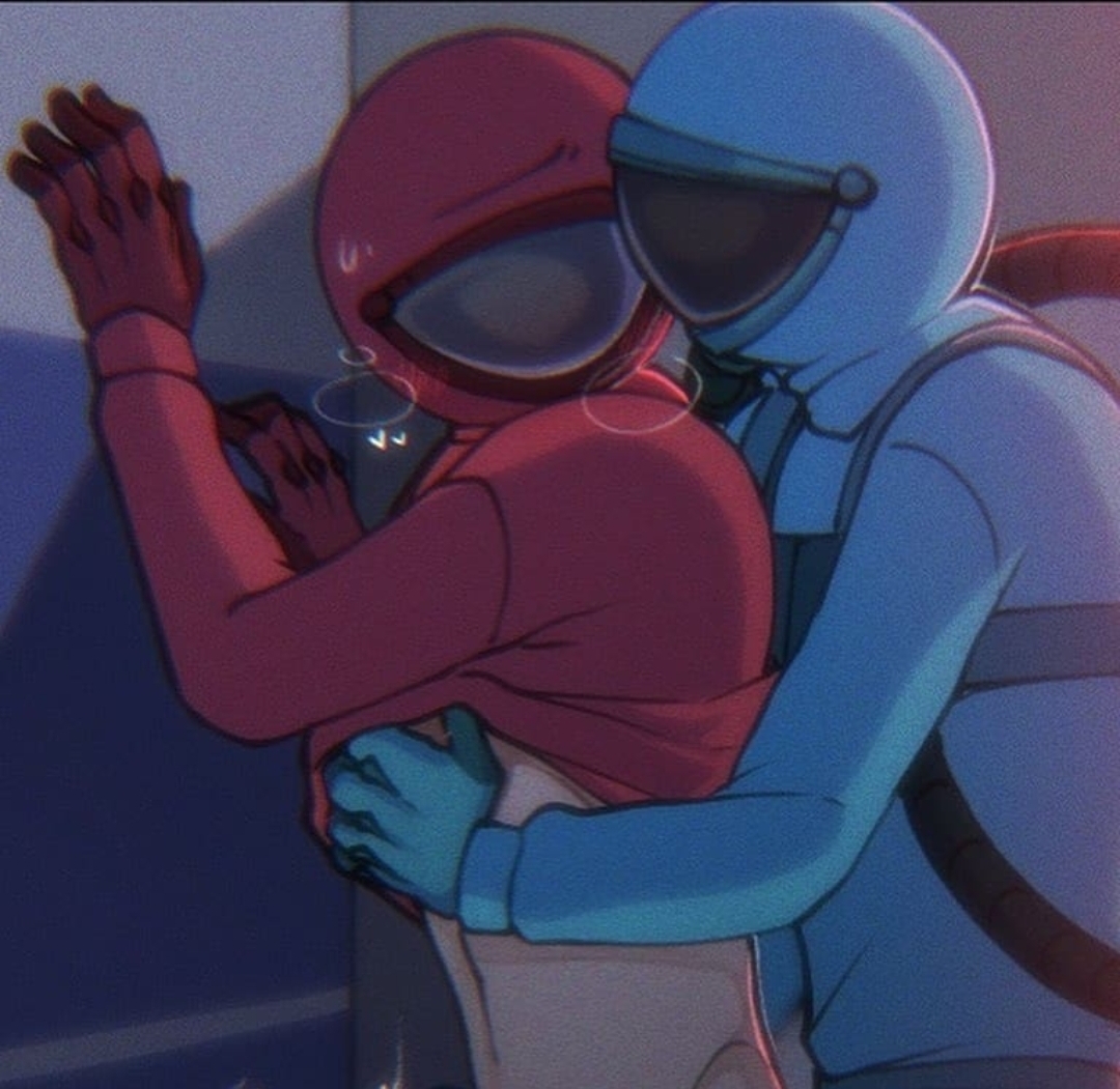 1boy, 1girls, among us, artist request, astronaut, blue (among us), bodysuit, female, male, male focus, red (among us), source request, suit, tagme