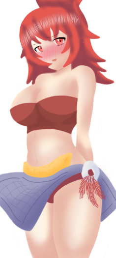 1girls alternate_breast_size big_breasts blush busty cleavage large_breasts made_in_abyss mitty red_eyes red_hair shy skirt skirt_lift tagme young