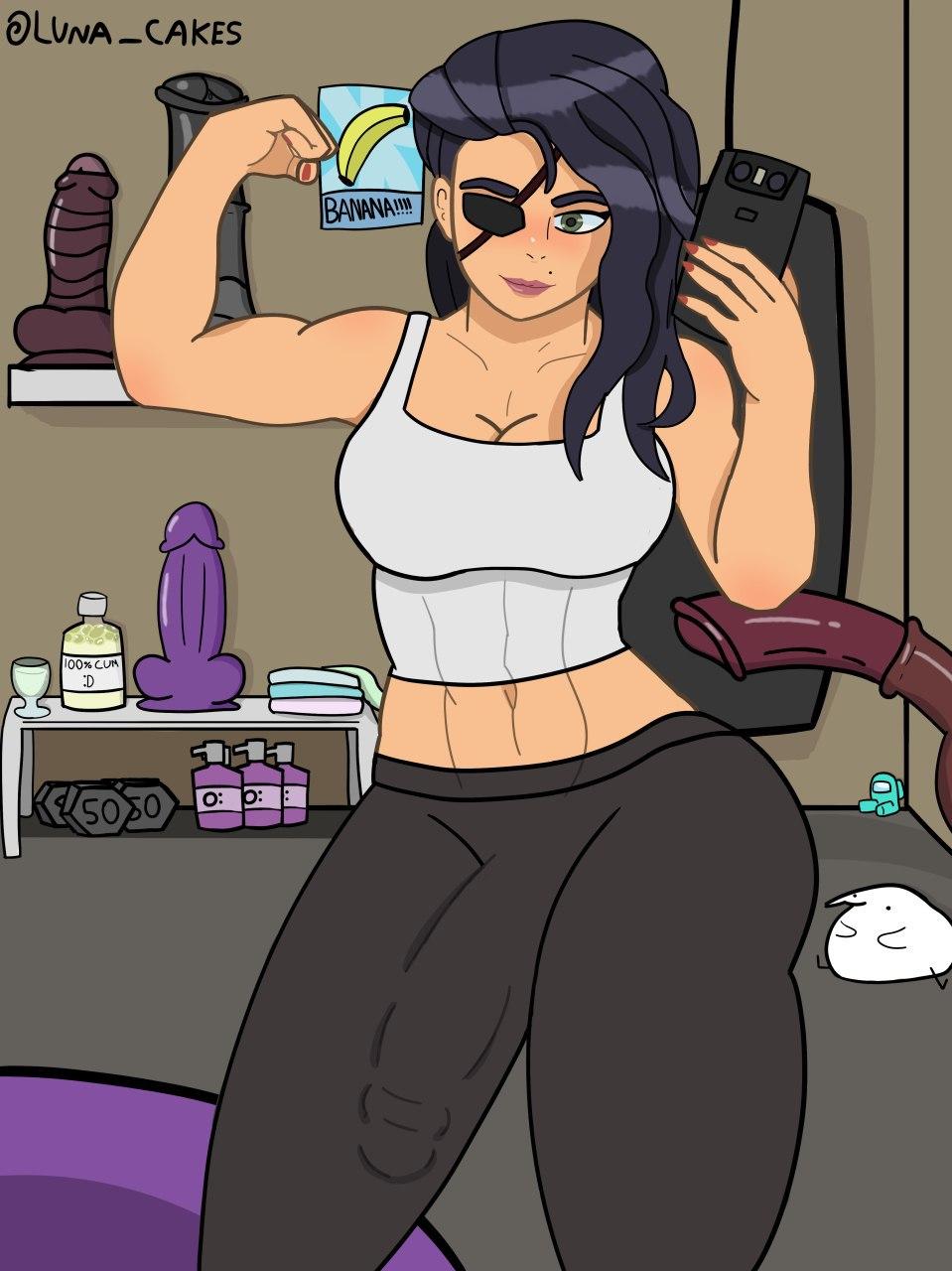 abs, animal genitalia, biceps, big breasts, big penis, breasts, dickgirl, dildo, female, fit, fit female, futa only, futanari, horsecock, intersex, league of legends, muscular, penis, samira (league of legends), taking picture, toy