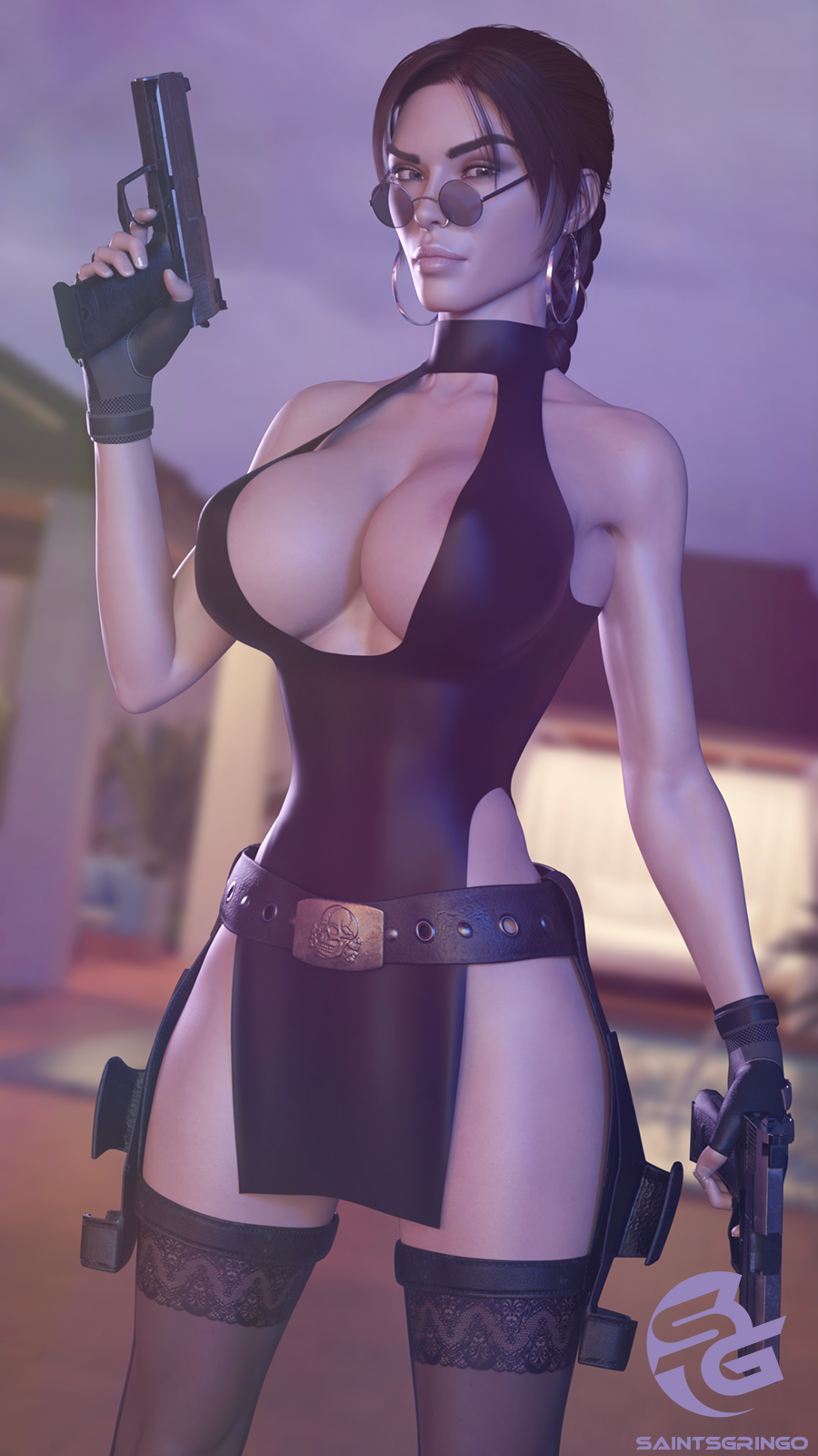 1girls 3d 3d_(artwork) areolae athletic belt big_breasts braid breasts brown_eyes brown_hair busty eyewear female female_only firearm gun handgun handwear hourglass_figure huge_breasts human lara_croft lara_croft_(classic) large_breasts legwear looking_over_eyewear looking_over_glasses nipple_piercing nipples nose_piercing piercing pistol saintsgringo solo sunglasses tagme thigh_holster tinted_eyewear tomb_raider totenkopf weapon wide_hips