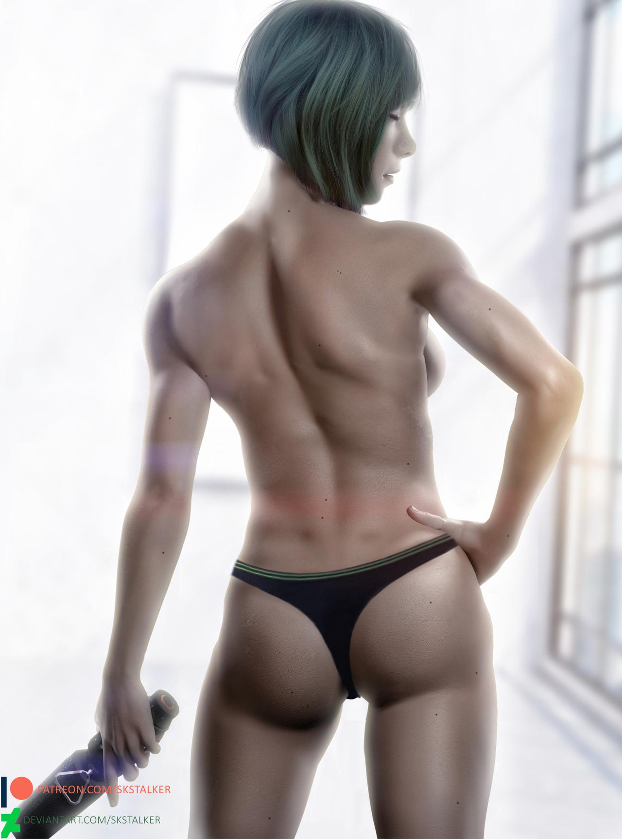 1girls, 3d, ass, back view, ela (rainbow six), female, female only, green hair, no bra, policewoman, rainbow six, rainbow six siege, skstalker, solo, solo female, tagme, tom clancy