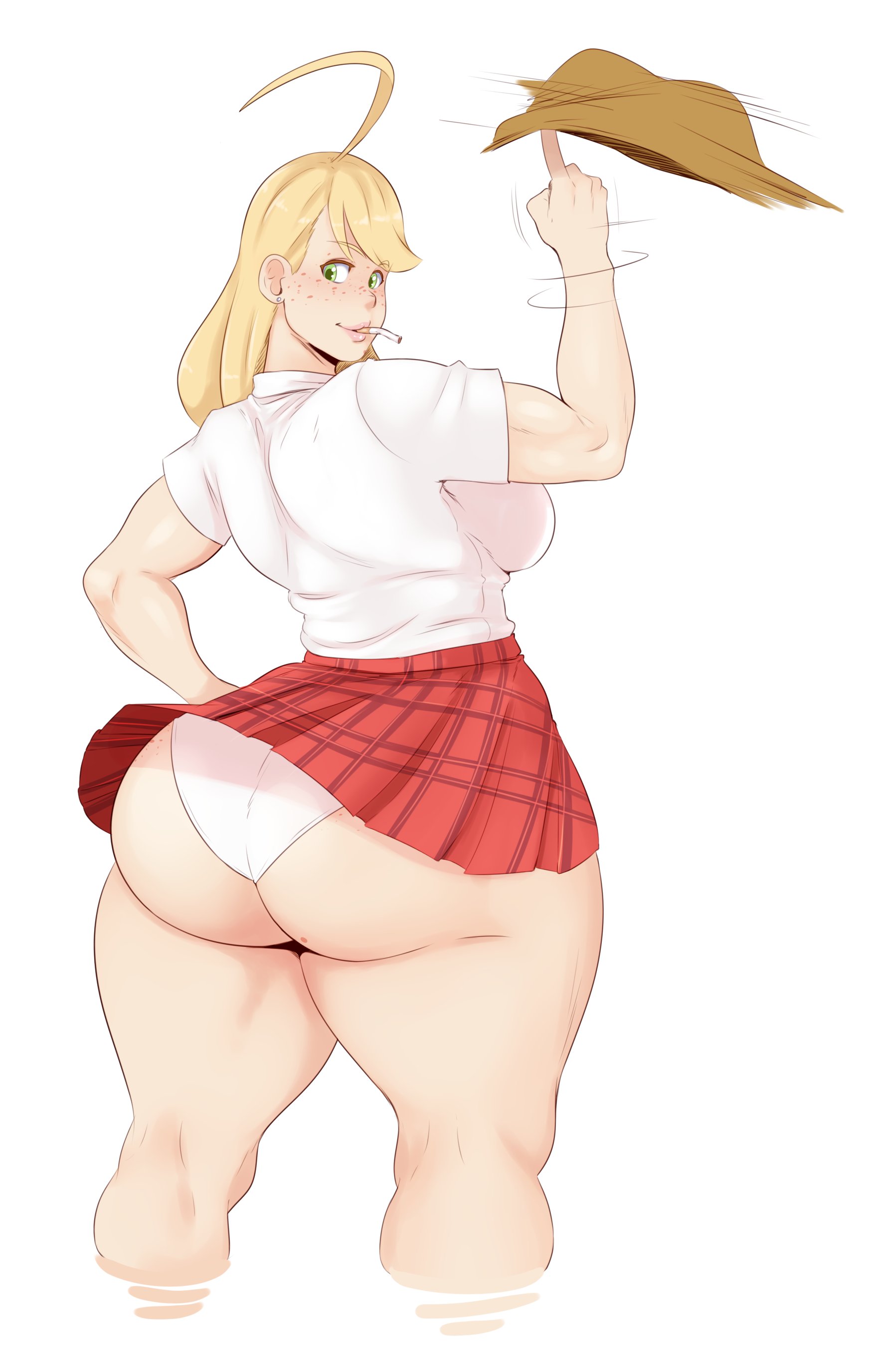 1girls, applejack (mlp), ass, big ass, big butt, blonde hair, bottom heavy, breasts, bubble ass, bubble butt, cigarette, eye contact, fat ass, female, female only, freckles, friendship is magic, green eyes, hasbro, hat, huge ass, large ass, large breasts, light skin, light-skinned female, long hair, looking at viewer, looking back, my little pony, my little pony friendship is magic, pale skin, pale-skinned female, panties, skirt lift, smooth skin, sunnysundown, thick ass, thick thighs, thighs, white background, white panties, wide hips
