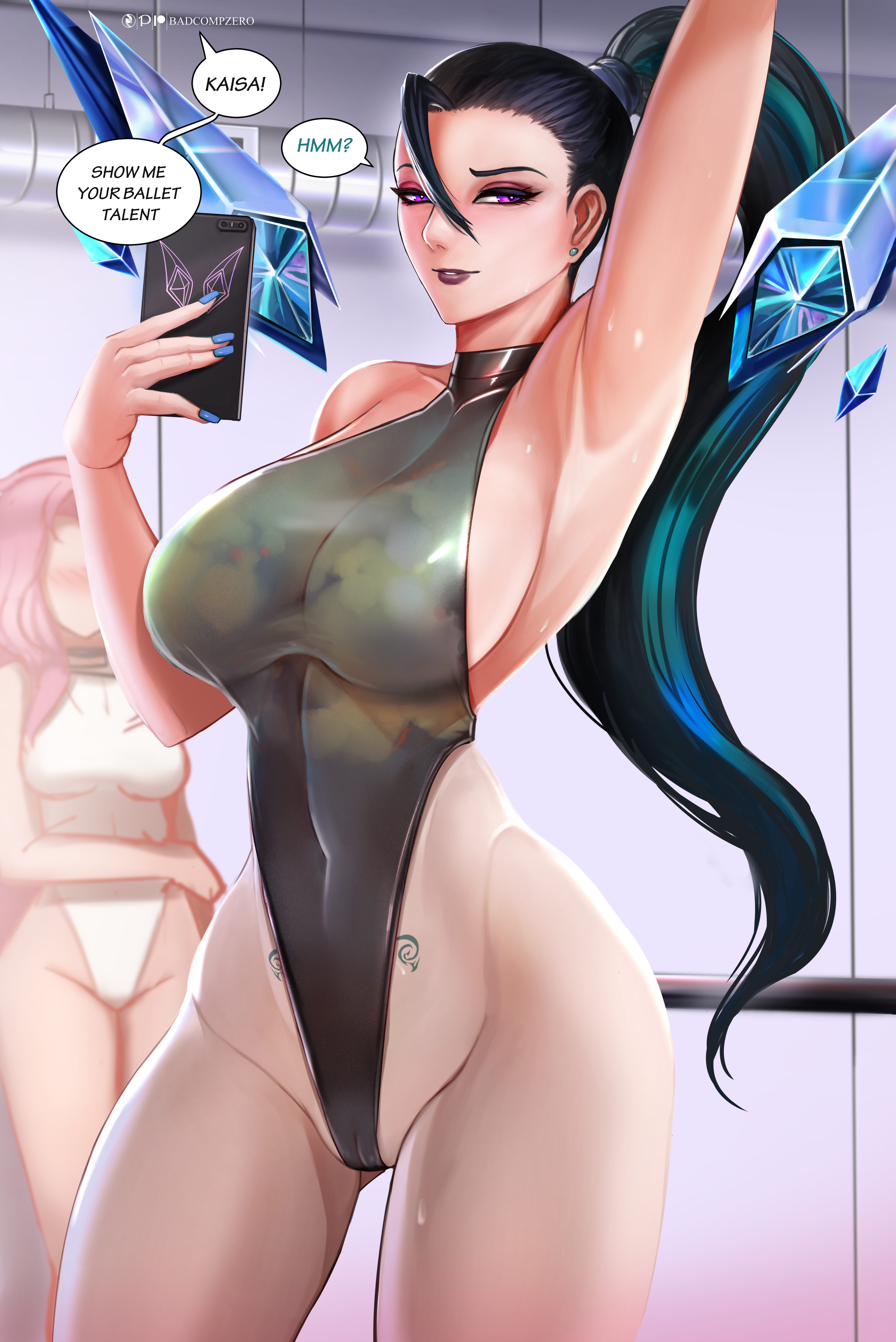 2girls, absurdres, badcompzero, big breasts, breasts, cleavage, female, female only, highres, k/da all out kai'sa, k/da all out series, kai'sa, large breasts, league of legends, leotard, seraphine (league of legends), solo focus, speech bubble, text