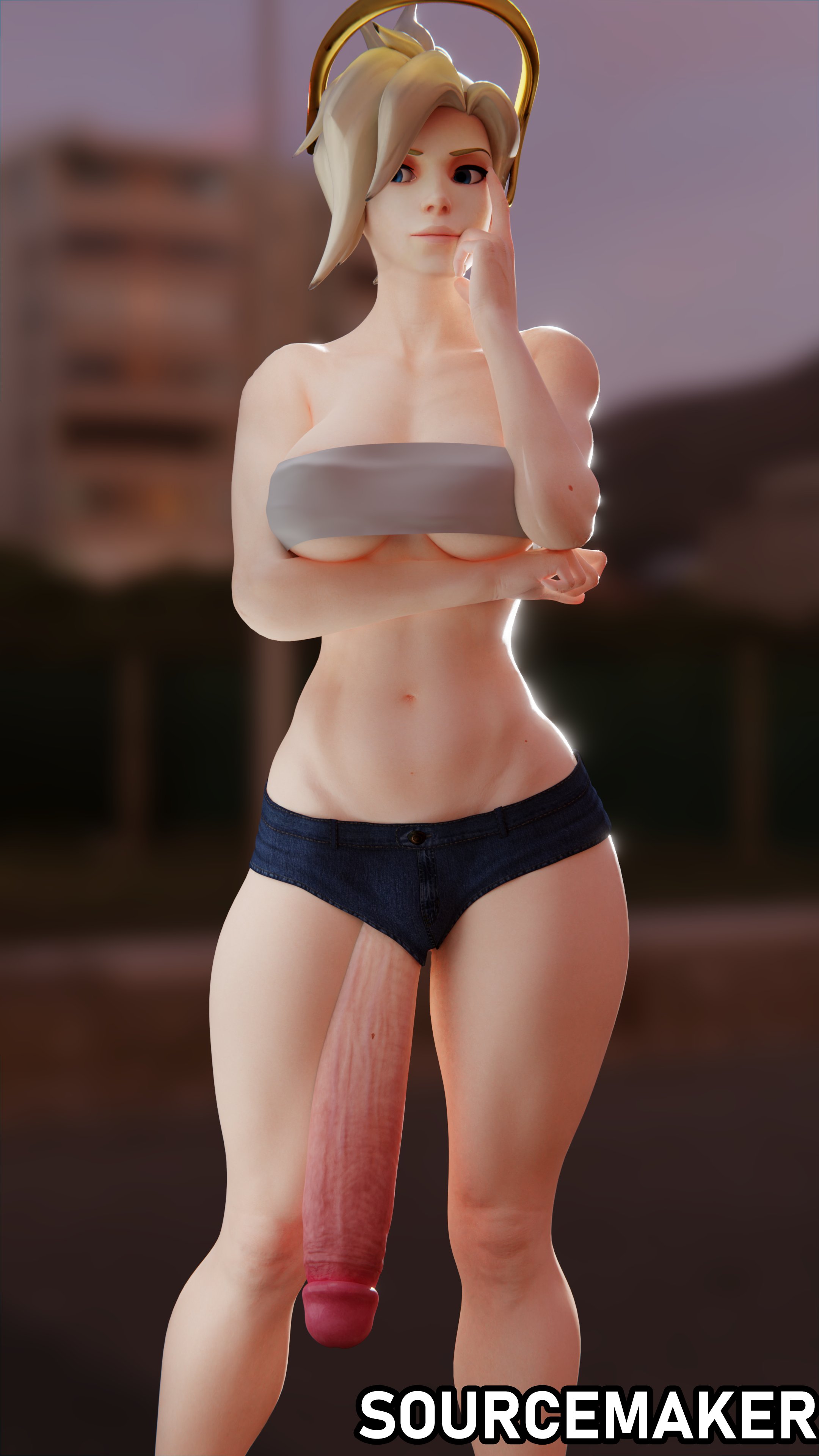 1futa, 3d, bandeau, big breasts, blender, breasts, cleavage, dickgirl, flaccid, futa only, futanari, huge cock, hyper penis, intersex, large breasts, long penis, mercy, overwatch, penis, penis through leghole, penis to the knees, solo, solo futa, sourcemaker