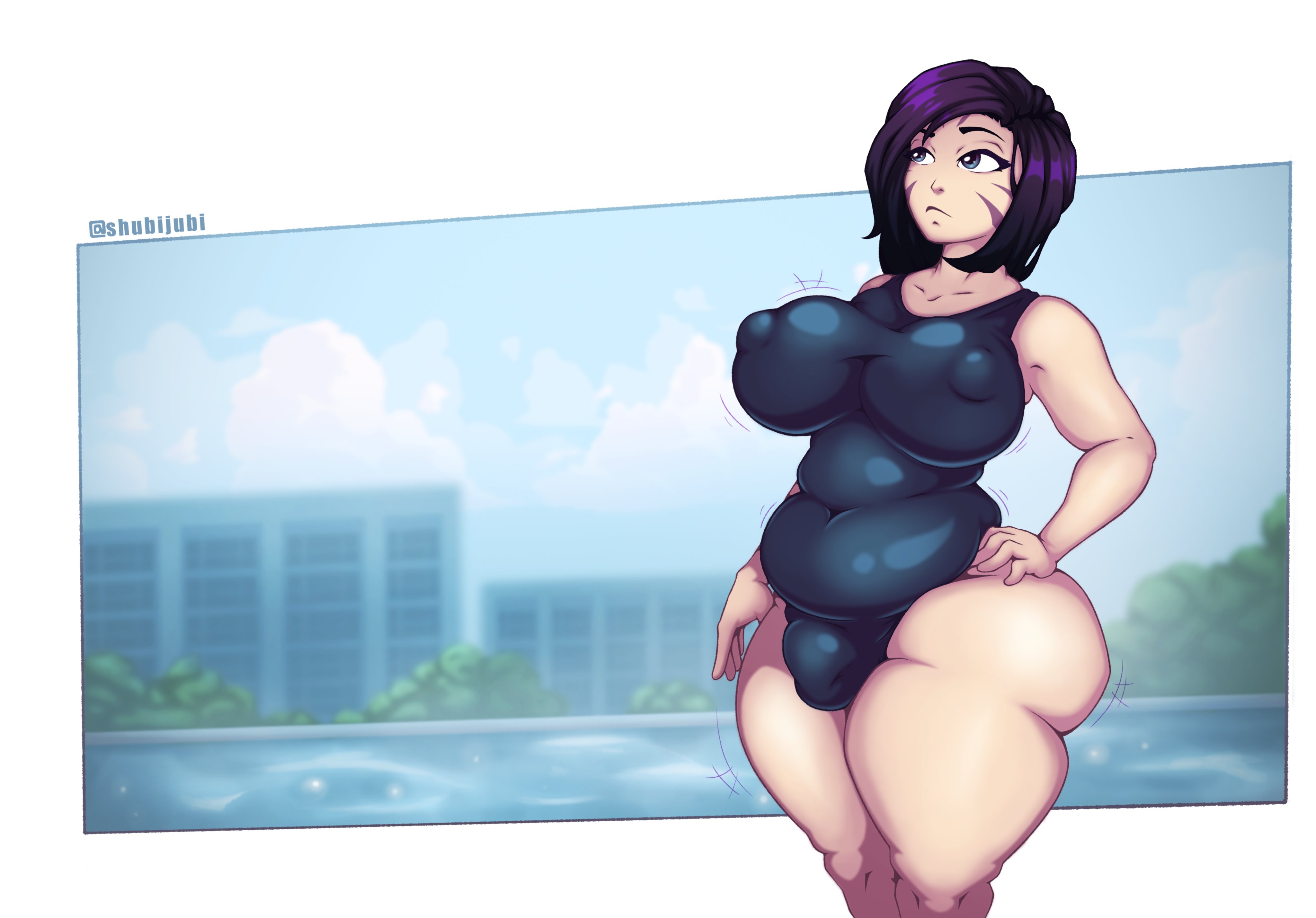 1futa, areolae, ass, big breasts, blue eyes, breasts, deep skin, futa only, futanari, intersex, kai'sa, large breasts, league of legends, nipple bulge, nipples, one-piece swimsuit, overweight, overweight futa, plump, shubijubi, solo, swimsuit, thick, thick ass, thick thighs, thighs, voluptuous, wide hips