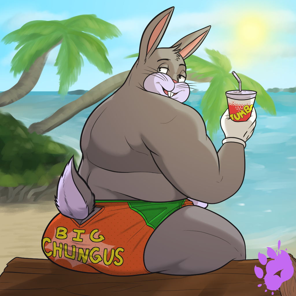 anthro beach big_chungus bugs_bunny bunny chubby drink furry lagomorph looney_tunes male male_only meme palm_tree piqueraj rabbit the_purple_wolf_guy warner_brothers