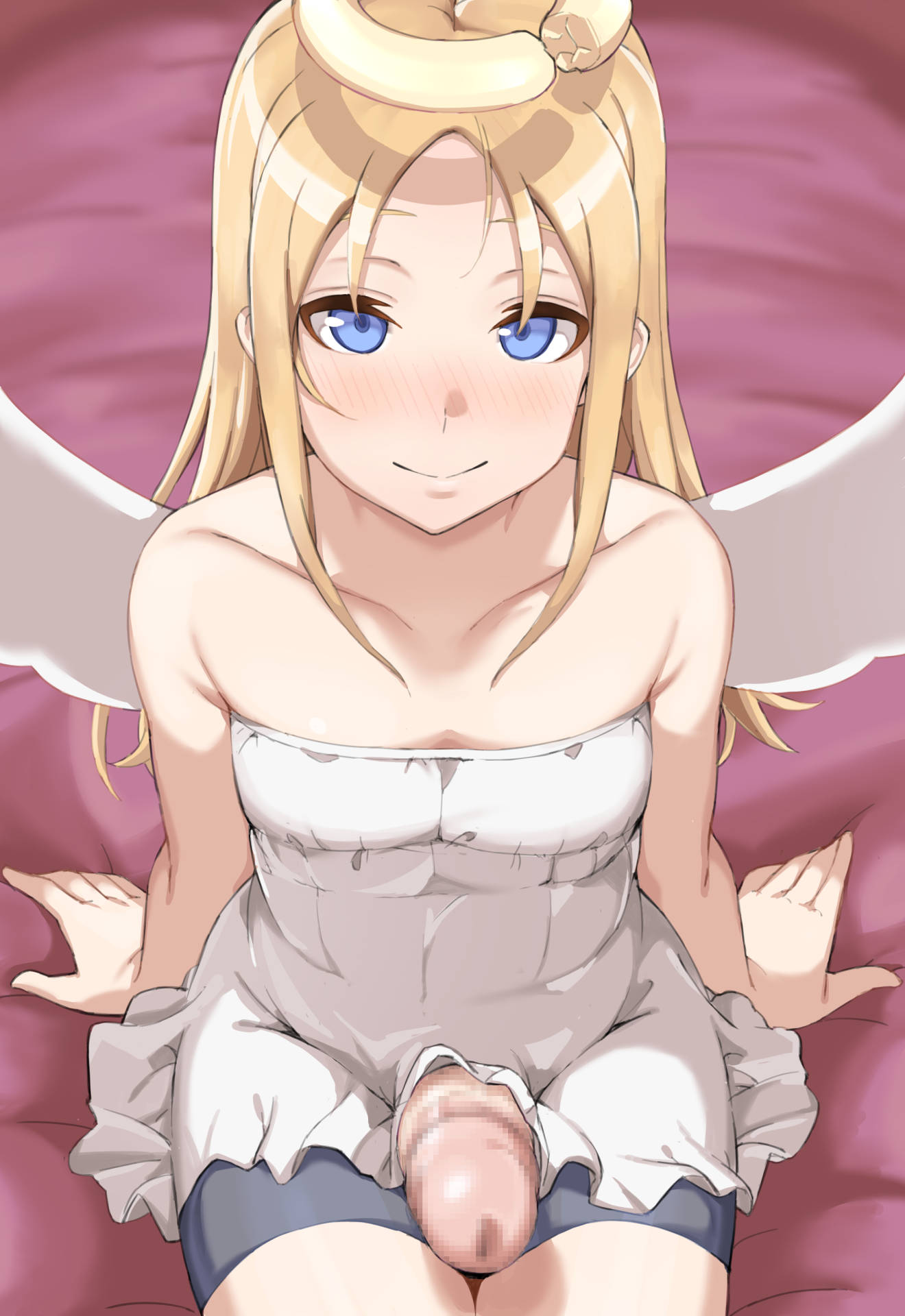 1boy angel angel_boy angel_wings arm_support ass balls bare_arms black_shorts blond_hair blond_hair_male blond_male blonde_hair blonde_hair_male blonde_male blue_eyes blue_eyes_male blush broken_halo censored closed_mouth commentary_request crimvael cute cute_male dress femboy fit fit_male flat_chest halo highres himesamaiove ishuzoku_reviewers large_penis light-skinned_male light_skin long_hair looking_at_viewer male male_focus male_only monster_boy mosaic_censoring nose_blush off-shoulder_dress off_shoulder penis shorts sitting smile solo solo_focus solo_male white-skinned_male white_dress white_skin white_wings wings