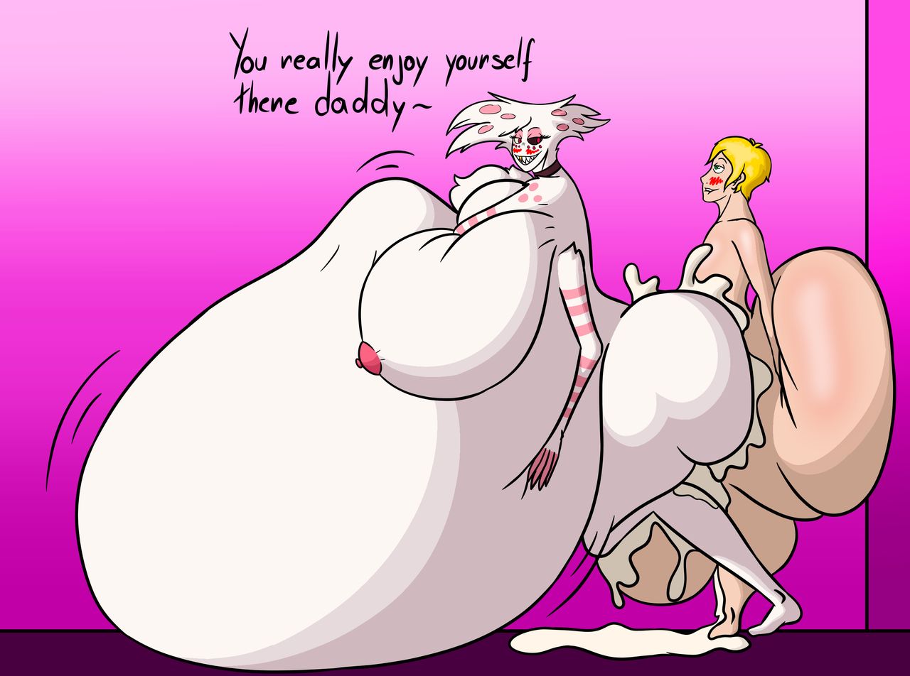 1boy 1girls angel_dust_(hazbin_hotel) aregularslime bbw big_ass big_breasts big_butt cum_inflation female hazbin_hotel huge_ass huge_balls huge_belly huge_breasts hyper hyper_ass hyper_balls hyper_breasts hyper_penis inflation rule_63 tagme vivienne_medrano