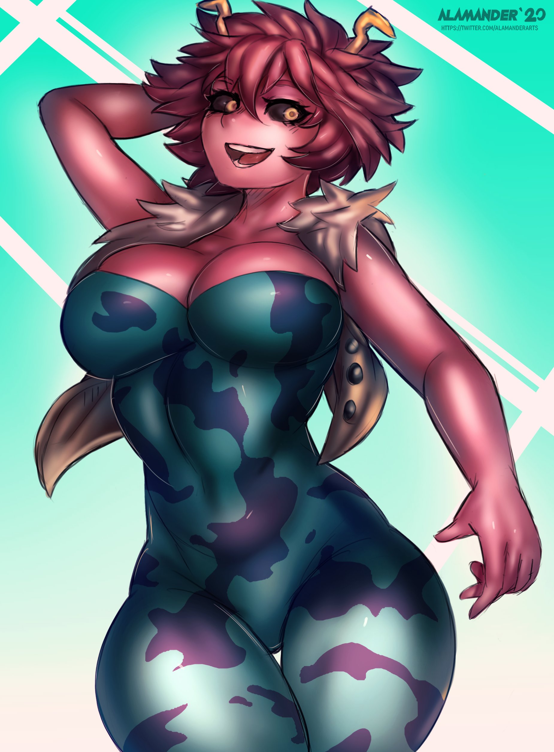 1girls, 2020, alamanderarts, big breasts, breasts, cleavage, clothing, female, female only, hero outfit (mha), hi res, horns, mina ashido, monster girl, my hero academia, pink hair, pink skin, pink-haired female, pinup, solo, thick thighs