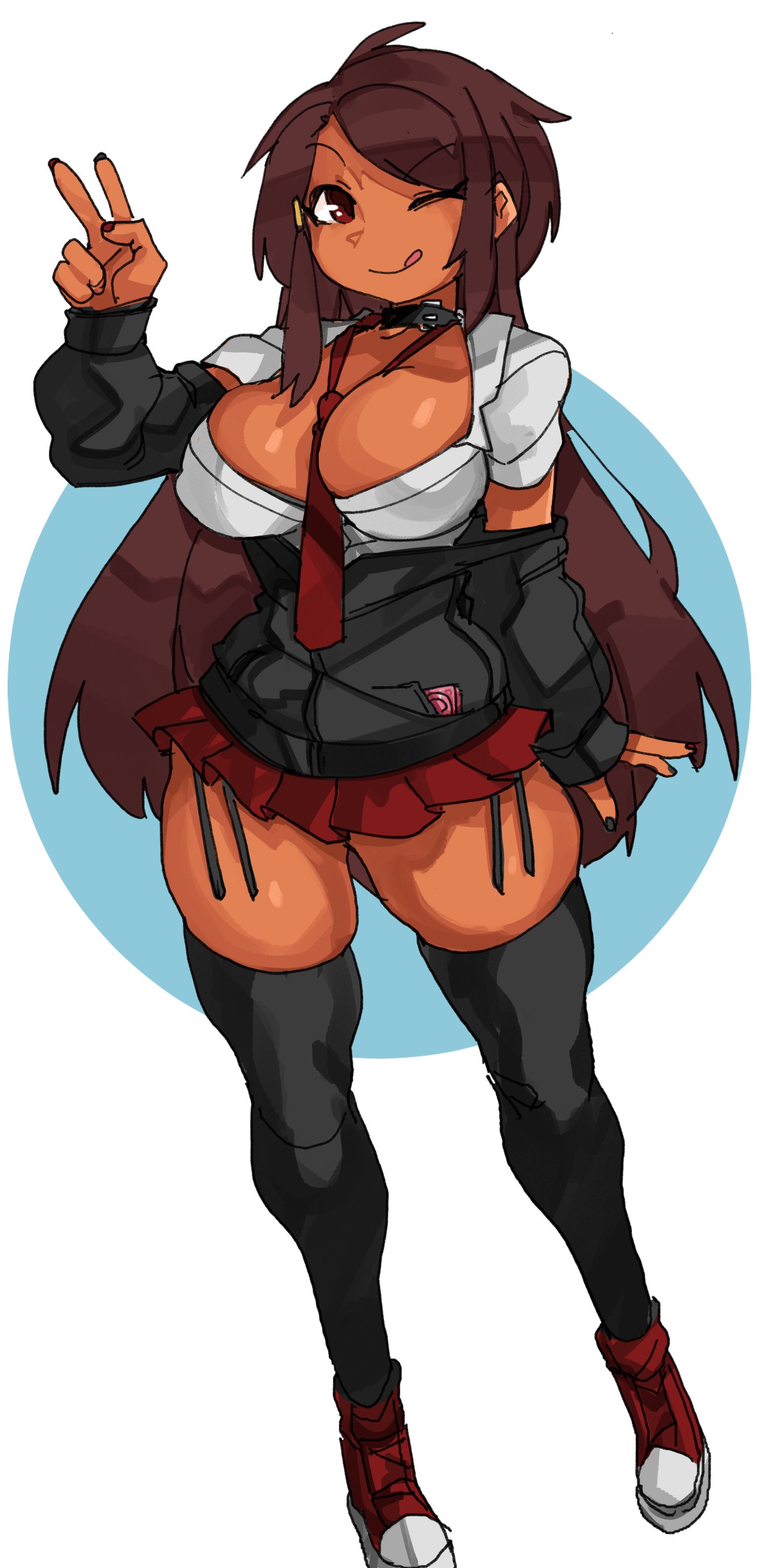 :p, 1girls, big breasts, black legwear, breasts, brown eyes, brown hair, choker, cleavage, clothing, condom, condom in clothes, female, female only, legwear, long hair, necktie, peace sign, pose, short skirt, solo, tan skin, tan-skinned female, thick thighs, thigh squish, unopened condom wrapper, very high resolution, white background, wink, zanamaoria