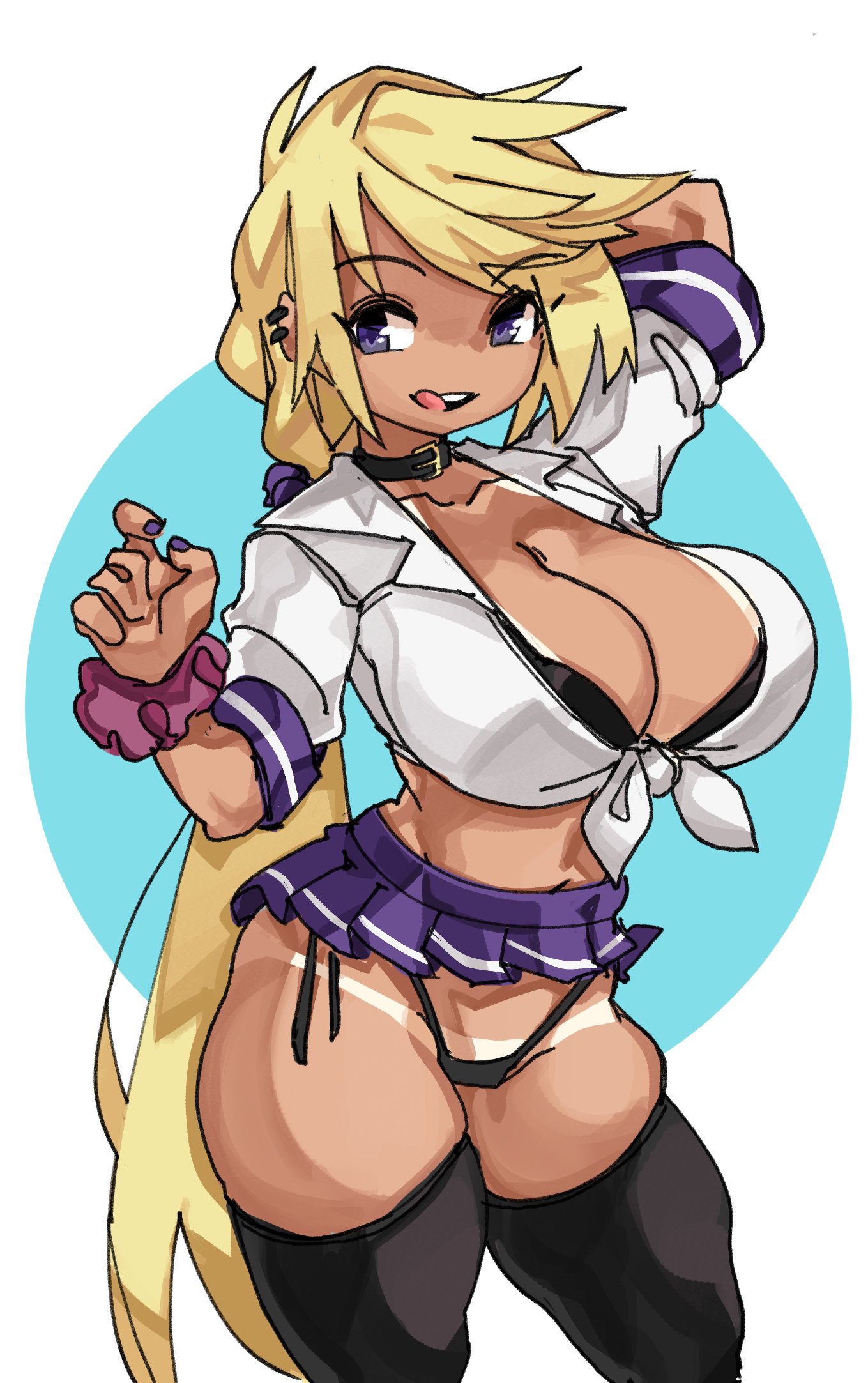 1girls, arm behind head, big breasts, black legwear, blonde hair, breasts, choker, cleavage, clothing, ear piercing, female, female only, gyaru, legwear, licking lips, long hair, looking at viewer, low ponytail, miniskirt, pleated skirt, purple eyes, purple nail polish, short skirt, side-tie panties, skirt, solo, solo female, tan skin, tanline, thick thighs, thigh squish, thighhighs, very high resolution, white background, wrist cuffs, zanamaoria