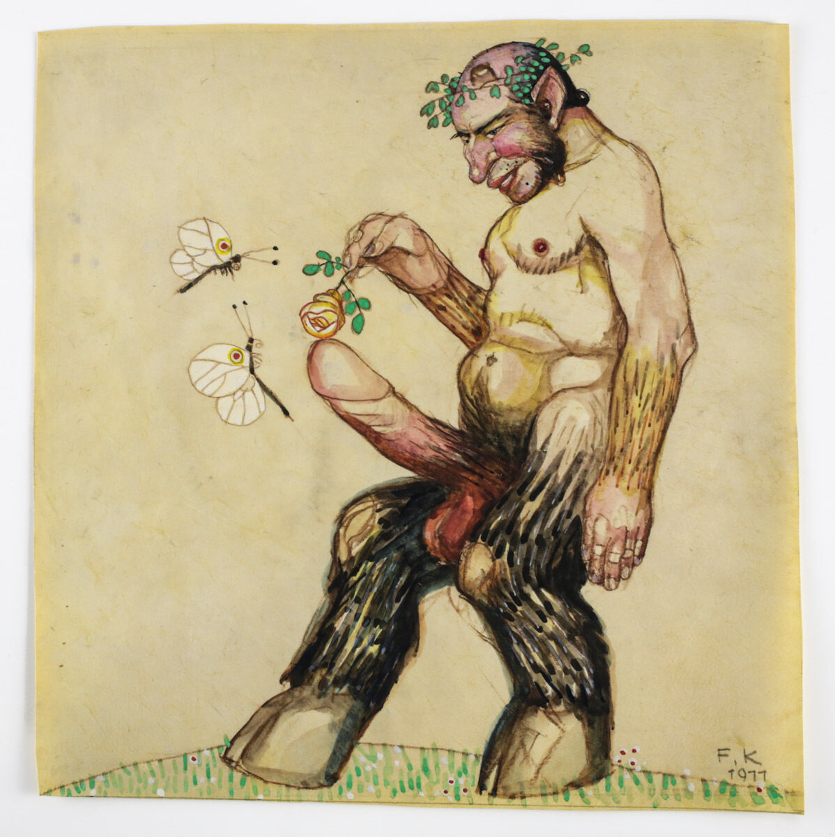 1910s 1911 1boy 20th_century arm_hair balding body_hair boner digitigrade dragonfly erect_nipples erection ferdinand_kitt flower hooves horns huge_cock humanoid insects looking_at_penis male male_only penis pointed_ears rose satyr slightly_chubby solo solo_male stubby_horns vintage