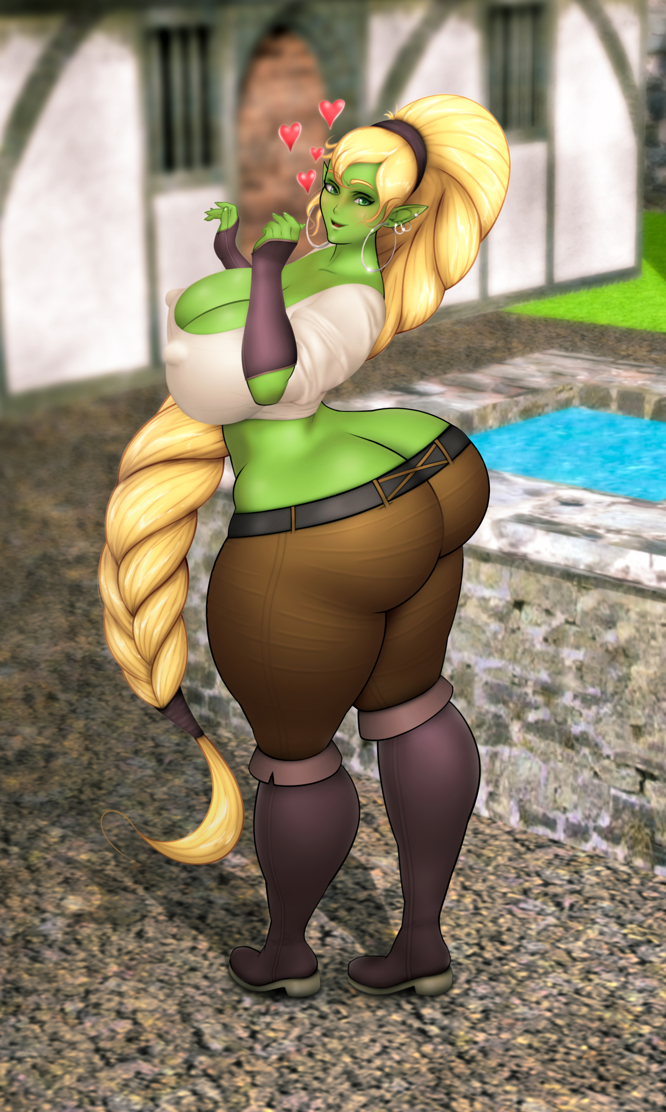 1girls, ass, ass cleavage, ass crack, breasts, butt crack, female, female only, fully clothed, goblin, goblin female, heart, highres, huge ass, huge breasts, long hair, looking at viewer, original character, someshittysketches